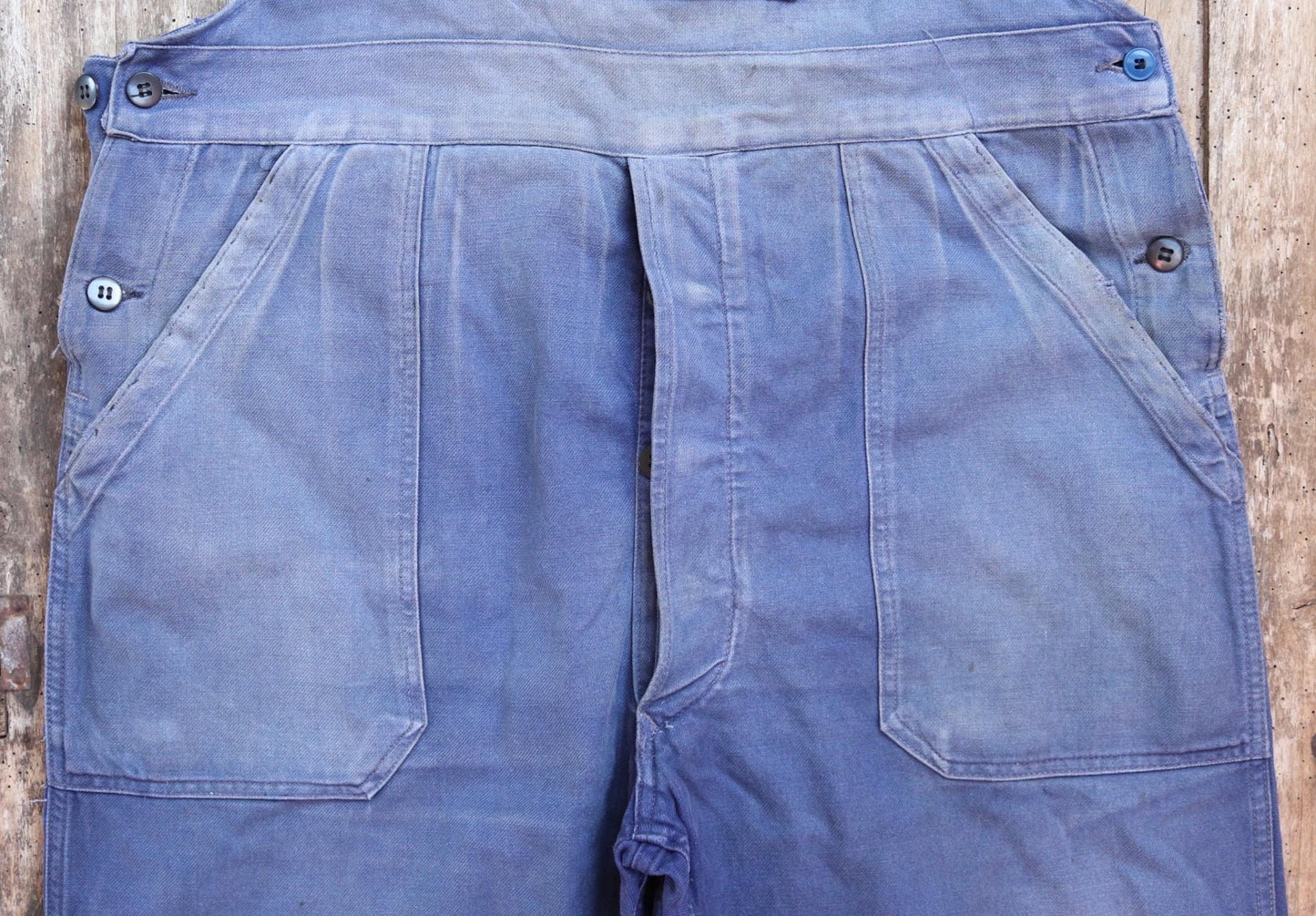 Vintage French blue workwear overalls dungarees 1950s sun faded cotton twill work chore 40” x 26” darned repaired