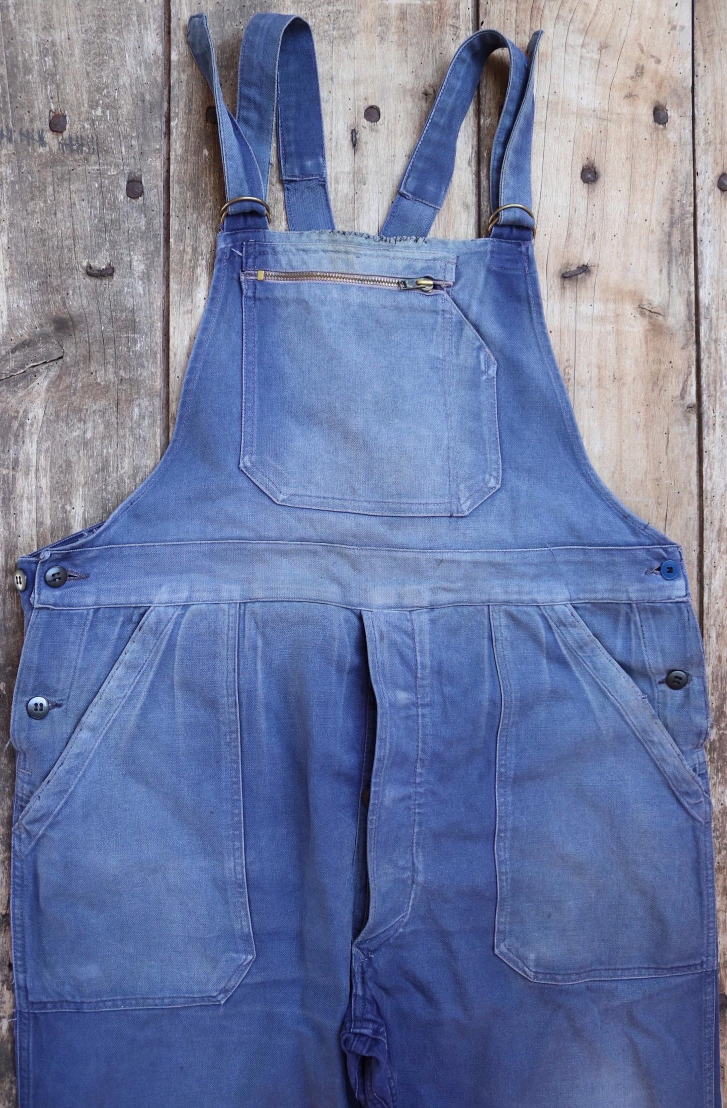 Vintage French blue workwear overalls dungarees 1950s sun faded cotton twill work chore 40” x 26” darned repaired