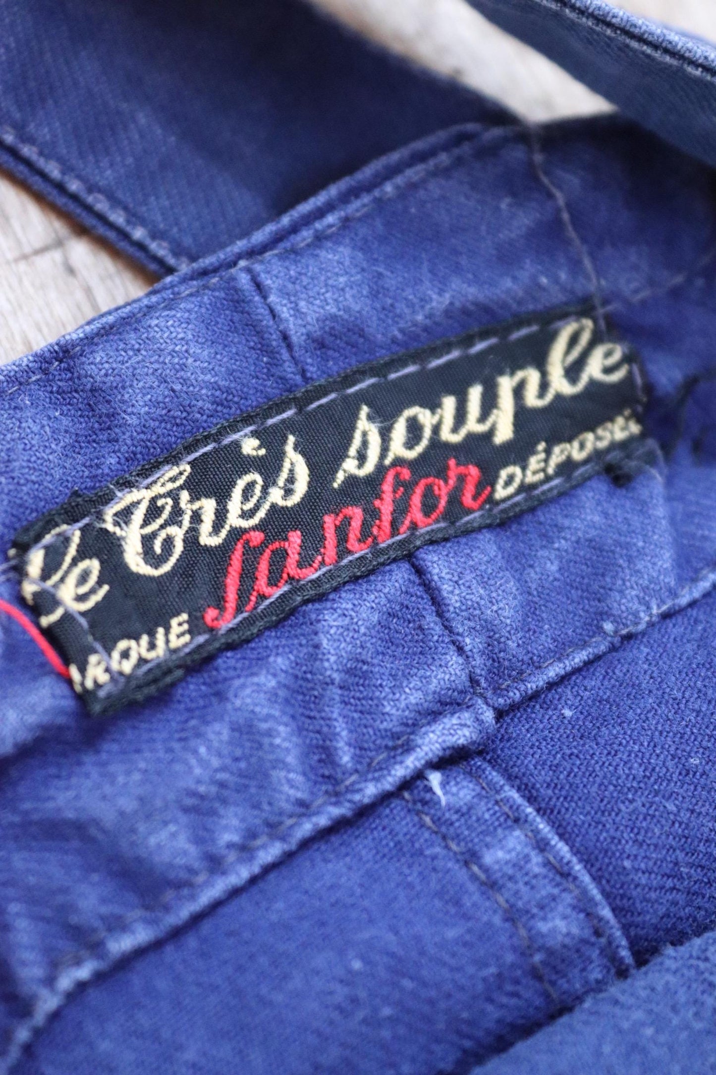 Vintage French blue workwear overalls dungarees 1950s sun faded cotton twill work chore 40” x 26” darned repaired