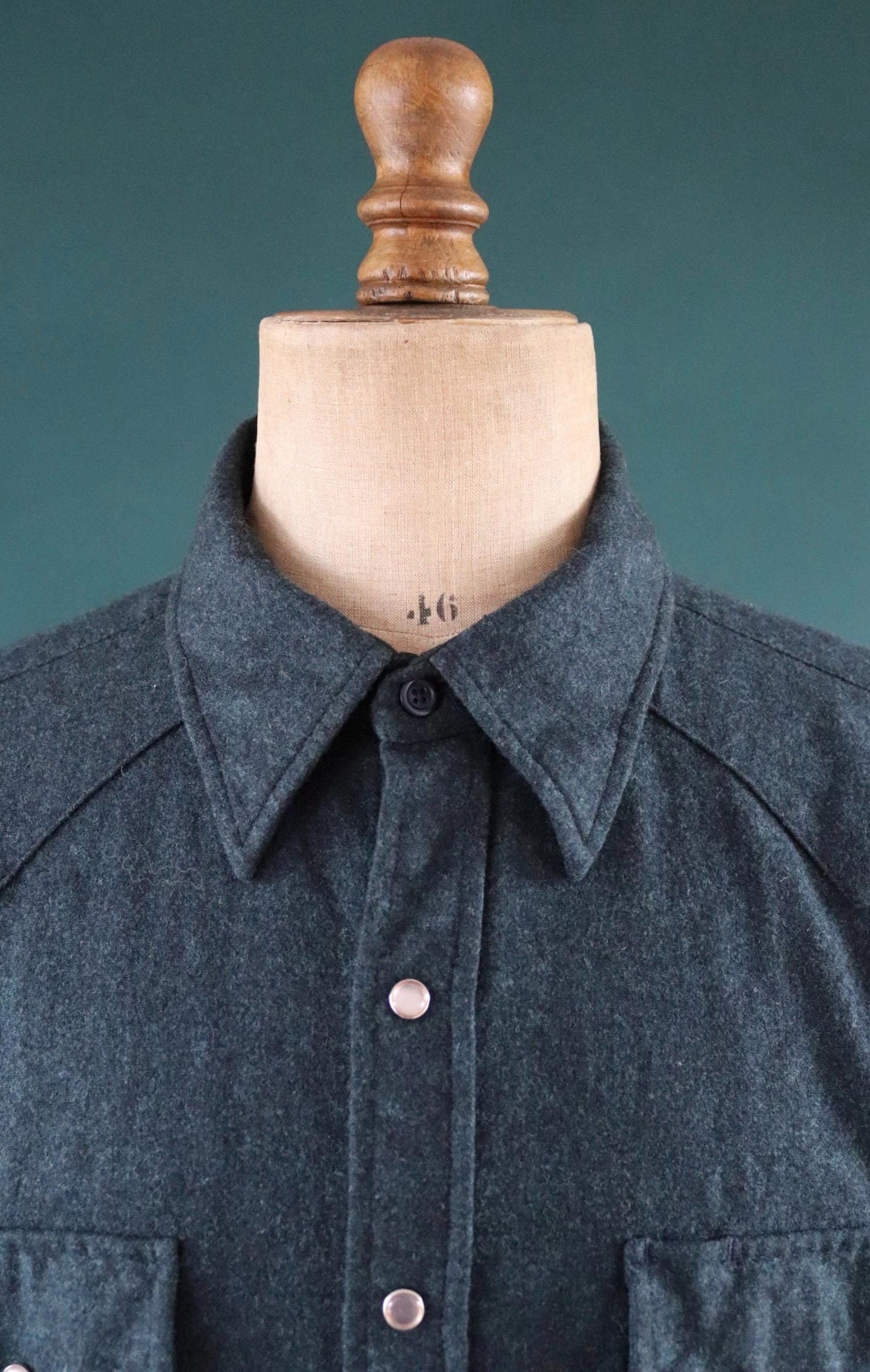 Vintage Pendleton blue teal green wool plain marl Western cowboy shirt 50" chest pearl snaps