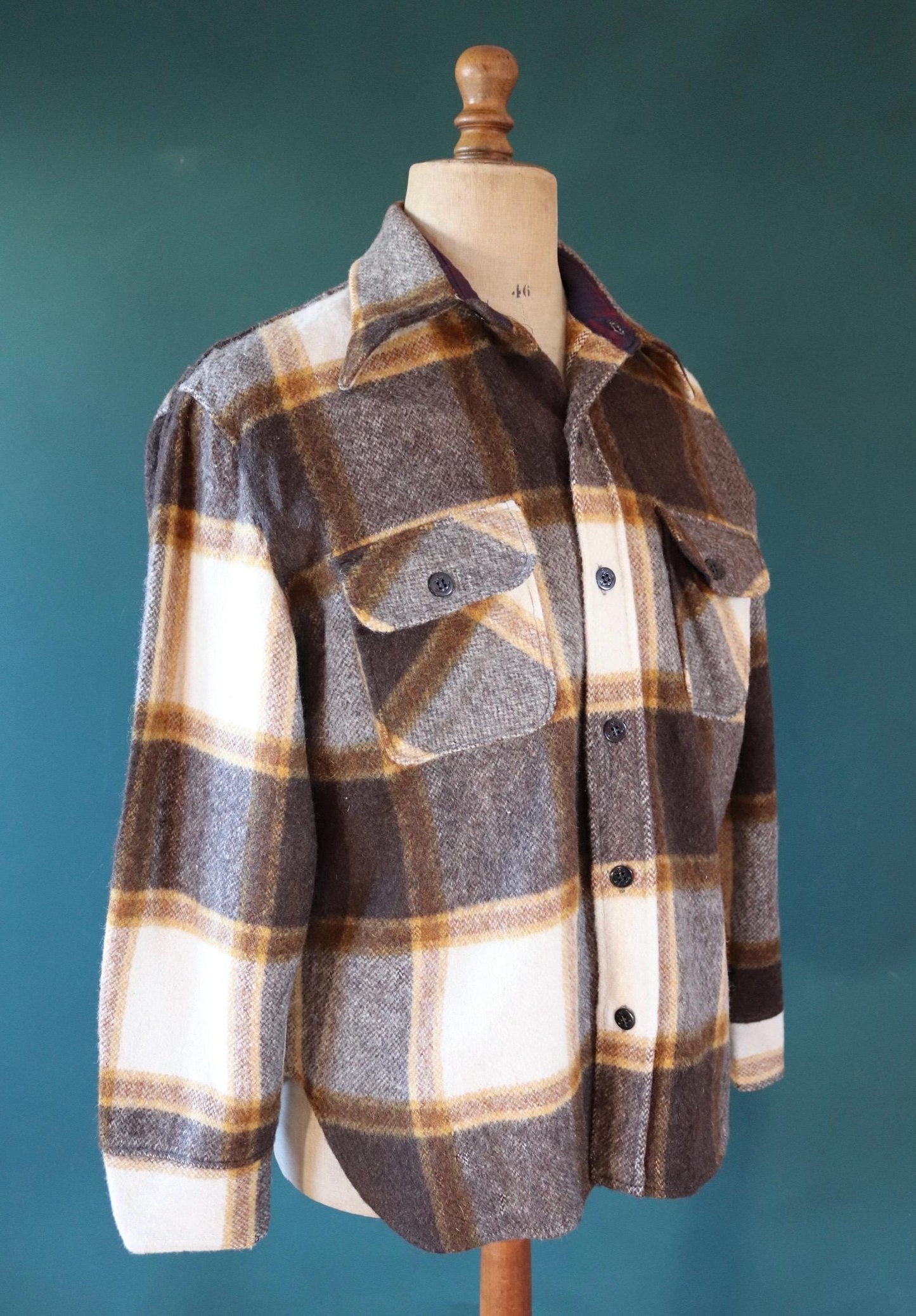 Vintage 1970s 70s his plaid checked cream brown camp shirt hiking camping CPO thick wool 48” chest logger workwear