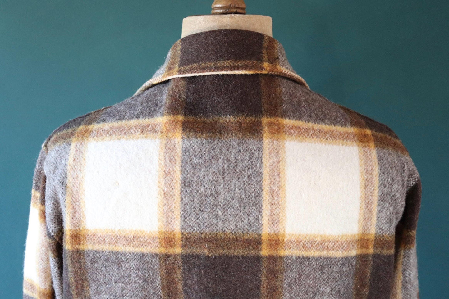 Vintage 1970s 70s his plaid checked cream brown camp shirt hiking camping CPO thick wool 48” chest logger workwear