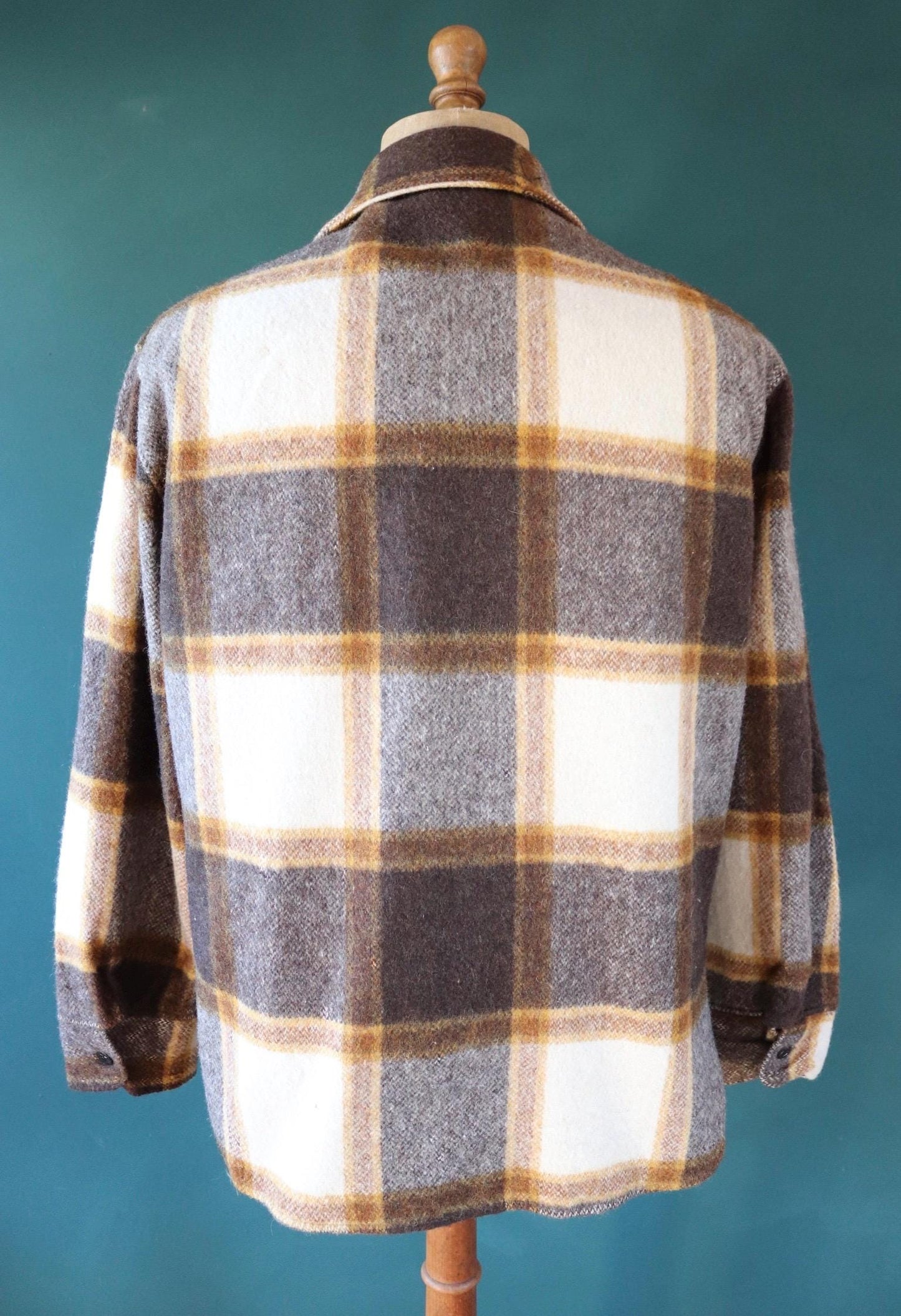 Vintage 1970s 70s his plaid checked cream brown camp shirt hiking camping CPO thick wool 48” chest logger workwear