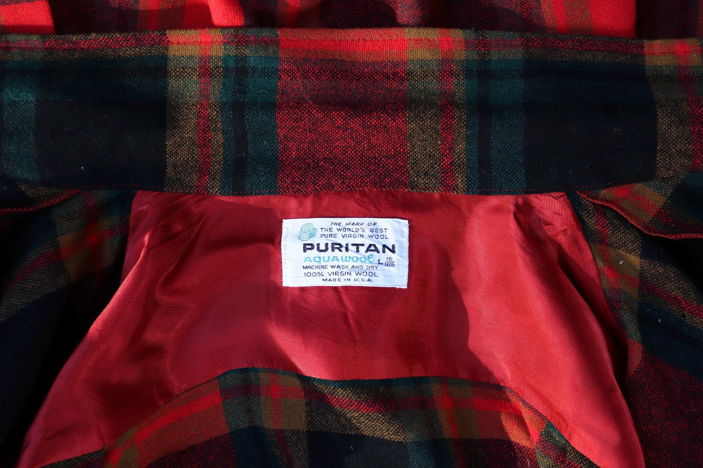 Vintage 1960s 60s 1970s 70s Puritan plaid checked red green field camp shirt hiking camping wool 48” chest logger workwear