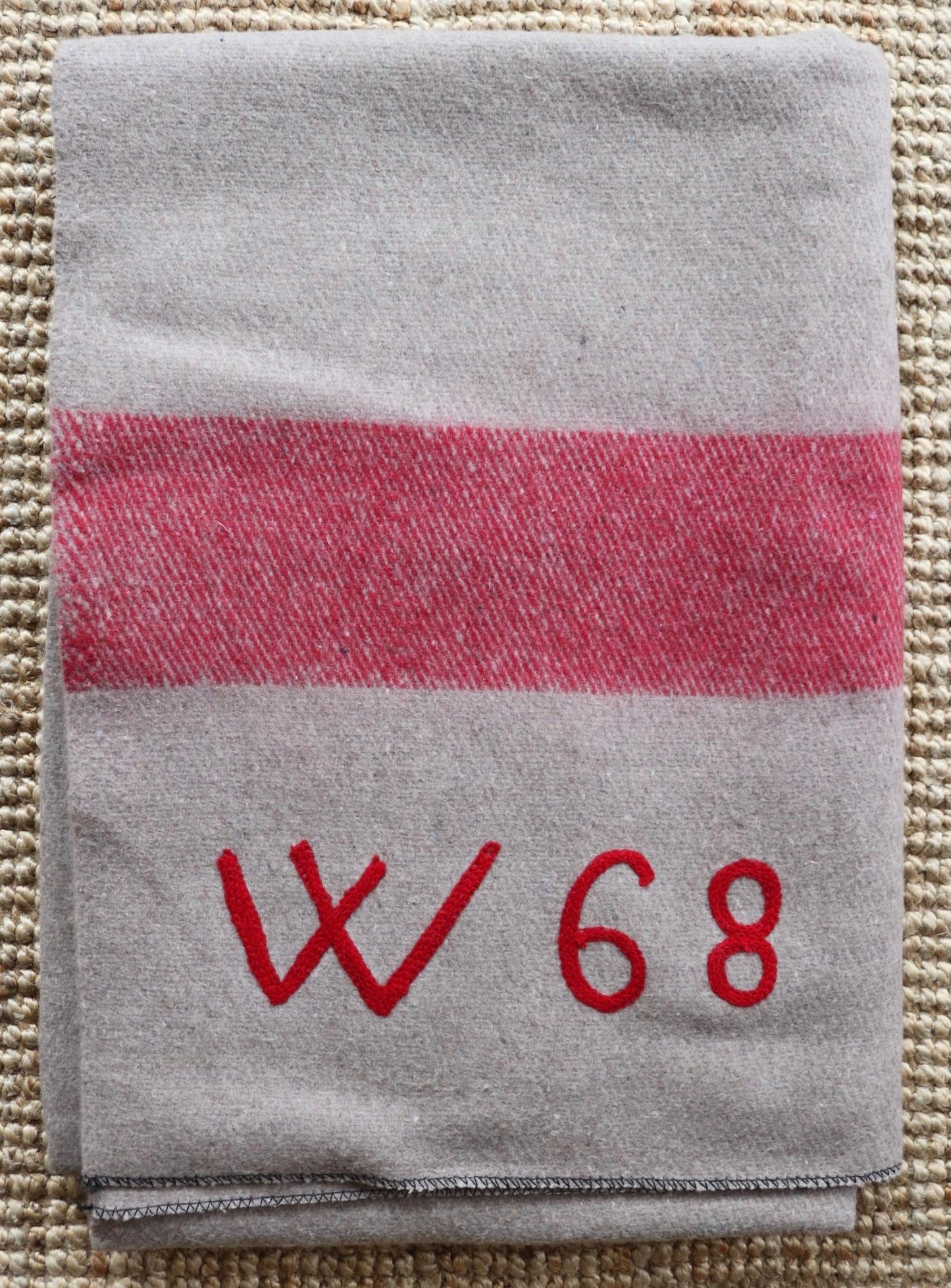 Vintage 1960s 60s Swiss army military rug blanket wool taupe red striped chain stitched log cabin camping sofa throw bed picnic