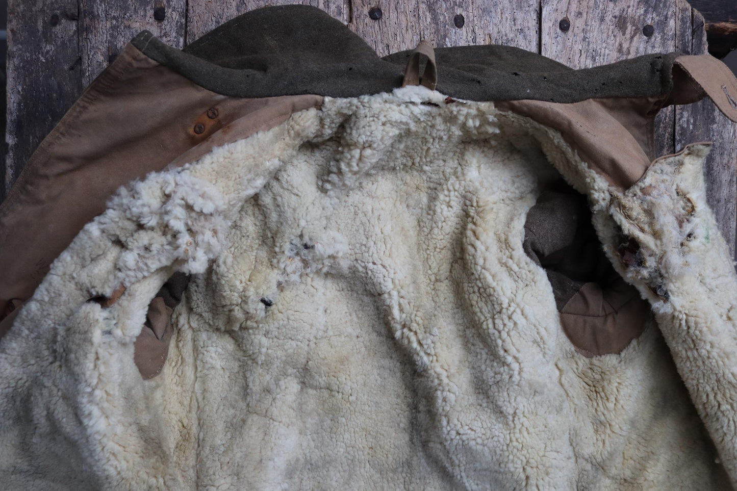 Vintage 1940s 40s WW2 British army military Tropal coat canvas sheepskin 49” chest work workwear chore shawl collar LRDG
