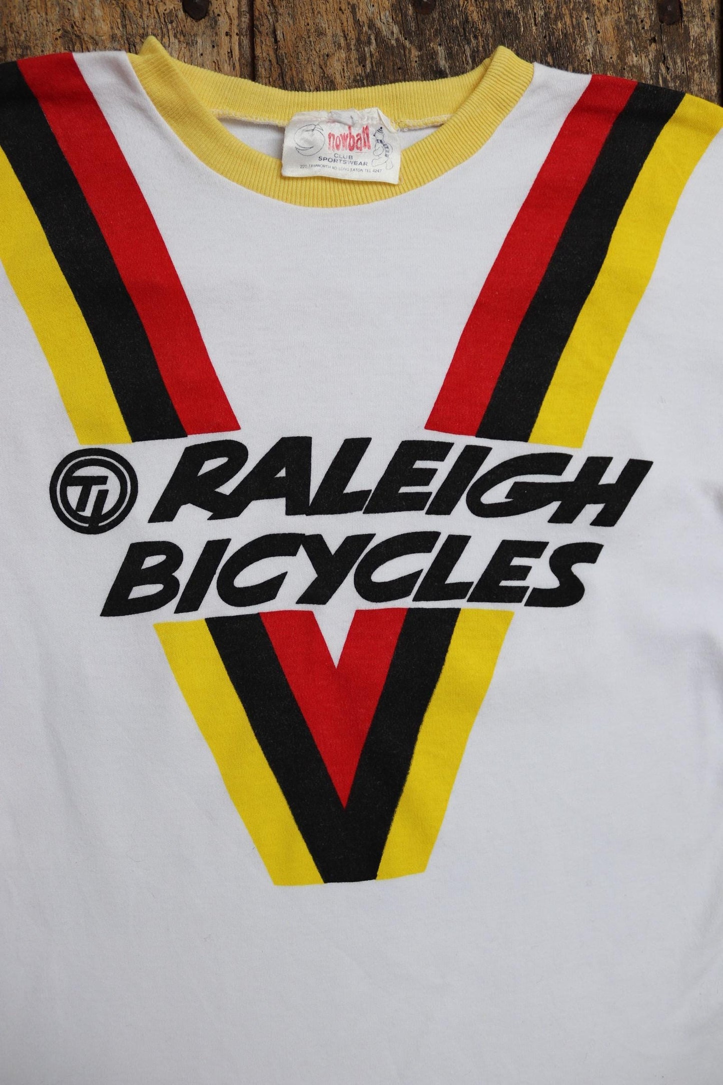 Vintage 1970s 70s red yellow black Raleigh Yeovil cycling centre t shirt top 36" chest made in England mod Tour de France