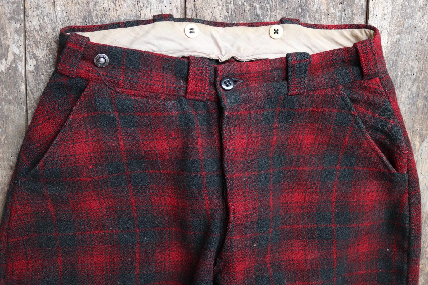 Vintage 1930s 30s 1940s 40s red black checked plaid wool hunting trousers breeches jodhpurs suspender buttons 31" x 26"