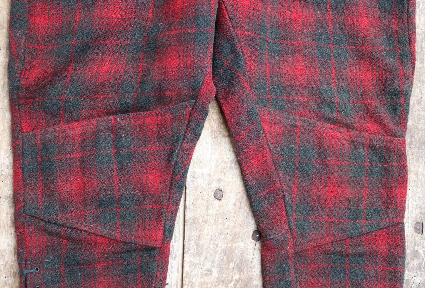 Vintage 1930s 30s 1940s 40s red black checked plaid wool hunting trousers breeches jodhpurs suspender buttons 31" x 26"