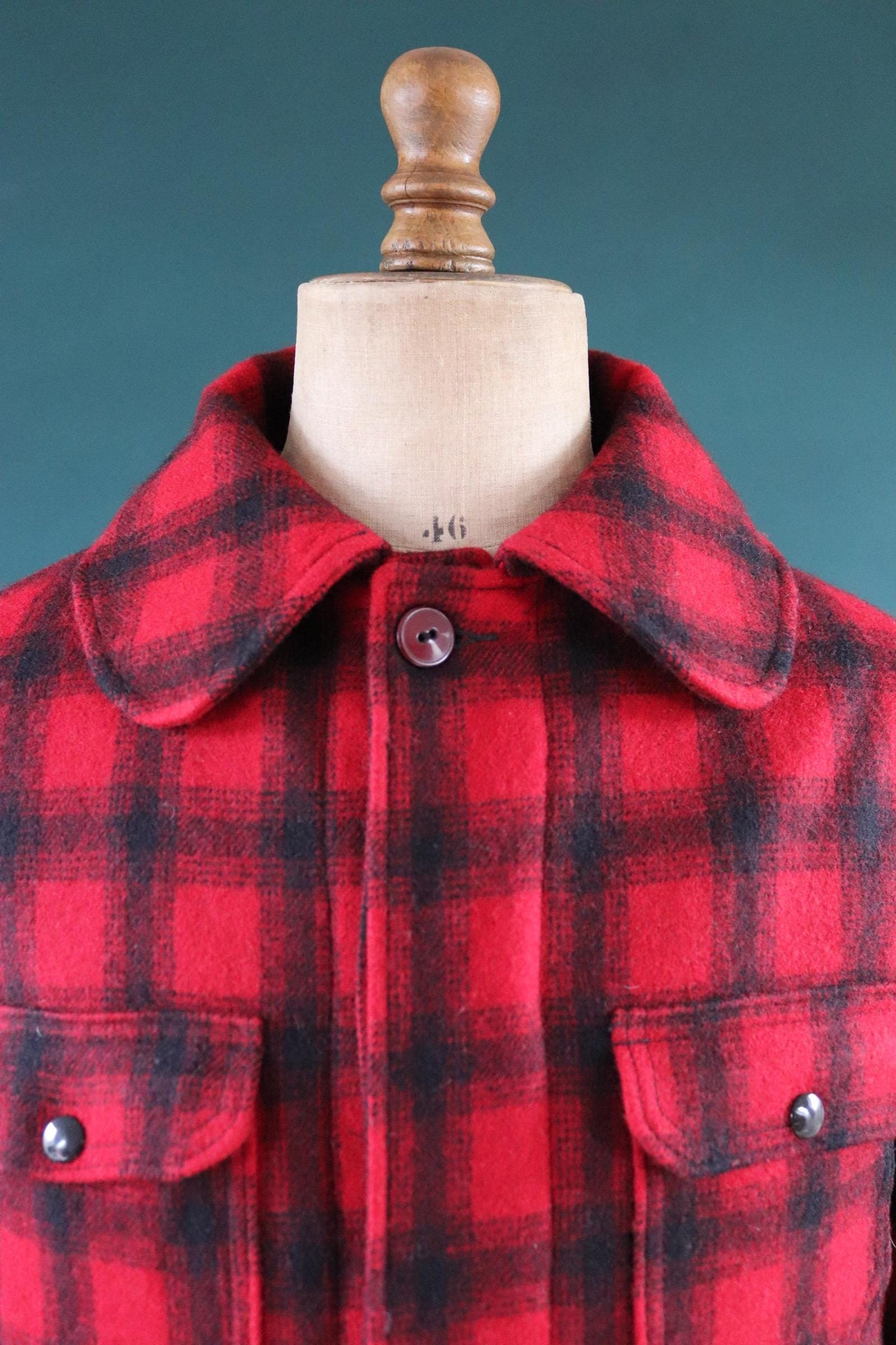 Vintage 1970s 70s 1980s 80s red black plaid Woolrich buffalo wool hunting mackinaw jacket 48” chest workwear work chore checked