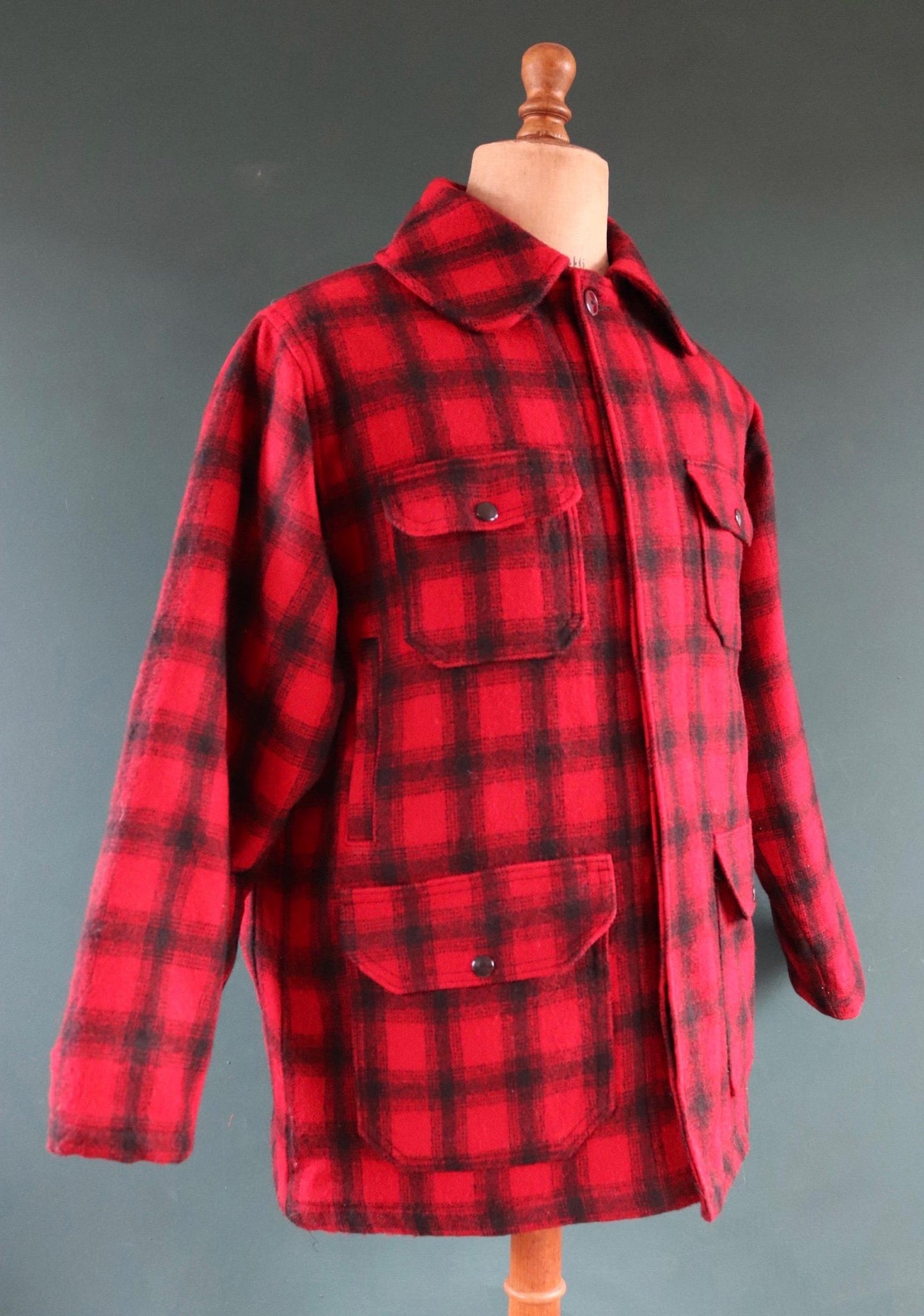 Vintage 1970s 70s 1980s 80s red black plaid Woolrich buffalo wool hunting mackinaw jacket 48” chest workwear work chore checked