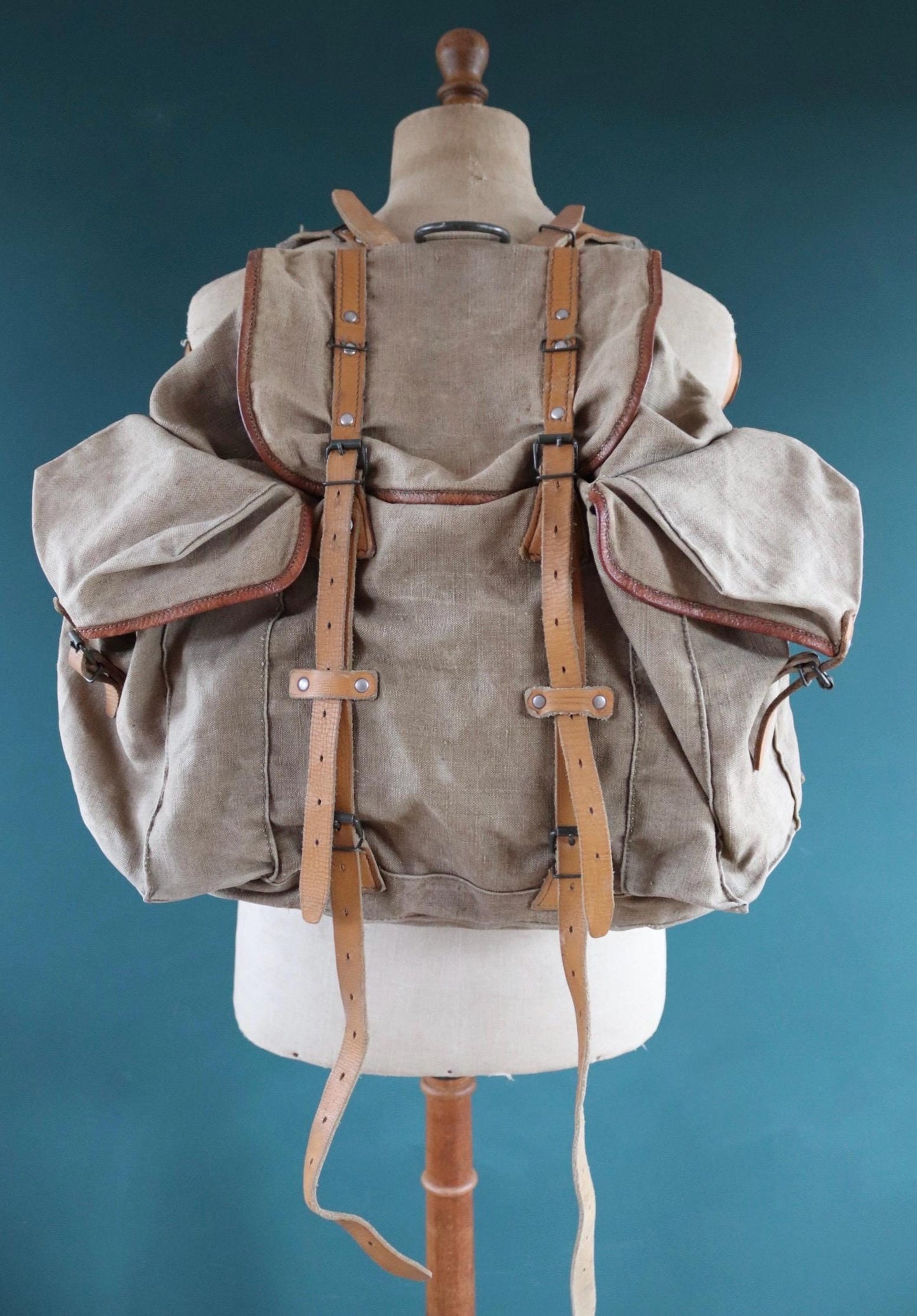 Vintage 1950s 50s French army military Lafuma khaki green rucksack backpack leather cotton canvas camping gear hiking metal frame