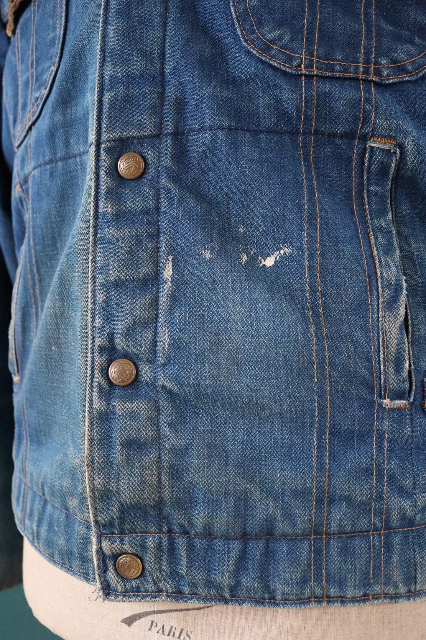 Vintage 1970s 70s 1980s 80s Key Imperial denim quilted lined trucker work jacket 46" chest corduroy collar workwear chore waist cinch