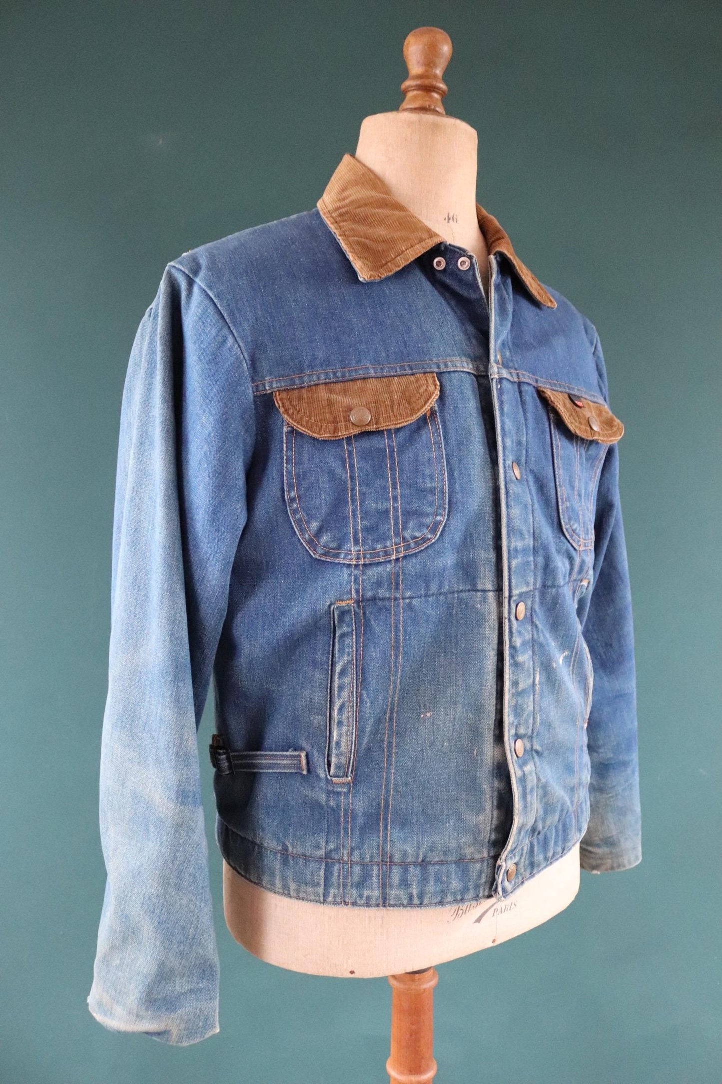 Vintage 1970s 70s 1980s 80s Key Imperial denim quilted lined trucker work jacket 46" chest corduroy collar workwear chore waist cinch