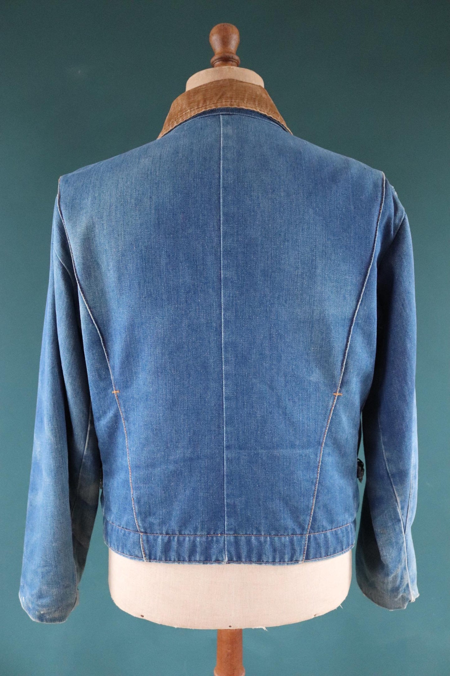 Vintage 1970s 70s 1980s 80s Key Imperial denim quilted lined trucker work jacket 46" chest corduroy collar workwear chore waist cinch