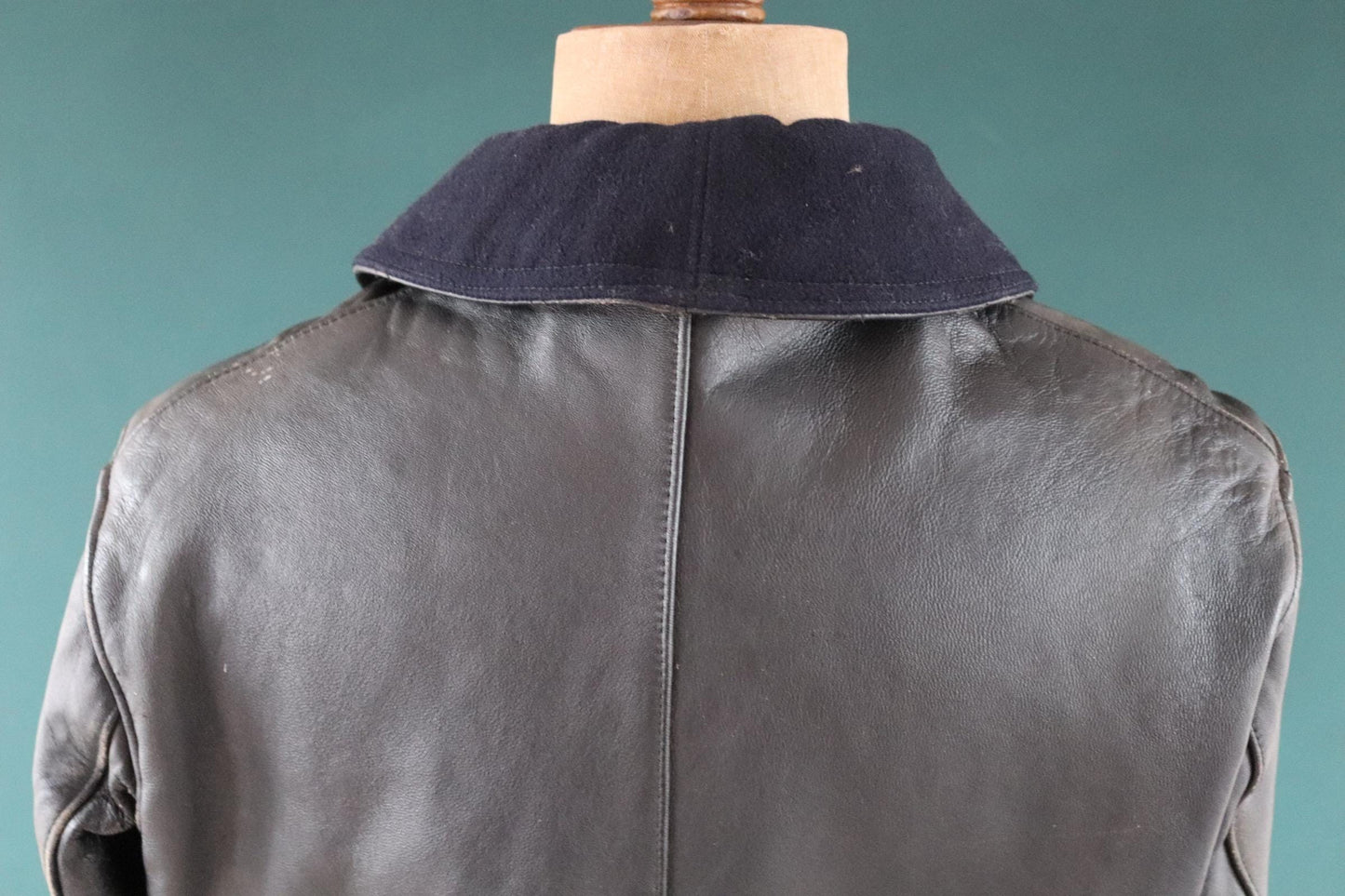 Vintage 1960s 60s 1970s 70s leather jacket French firefighter fireman pompier black Le Corbusier 44” chest workwear work chore