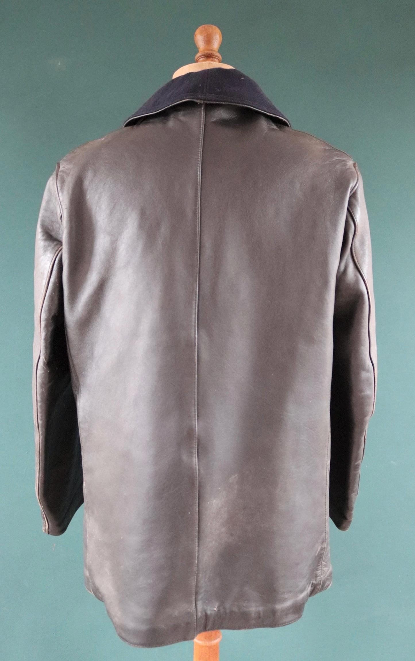 Vintage 1960s 60s 1970s 70s leather jacket French firefighter fireman pompier black Le Corbusier 44” chest workwear work chore