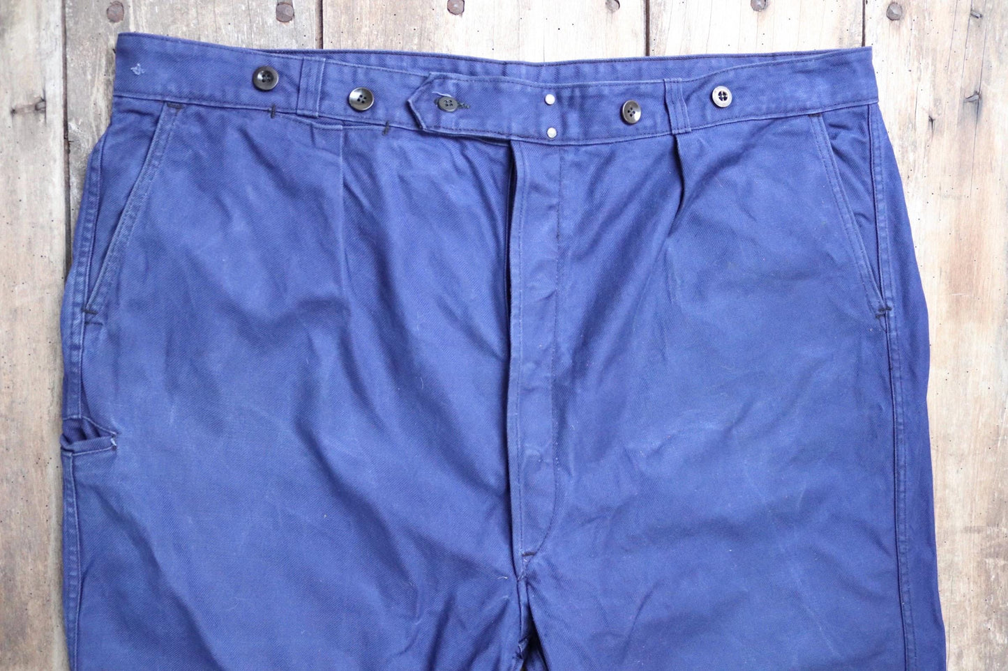 Vintage French workwear trousers pants 1960s 1970s indigo cotton twill work chore 46” x 27”
