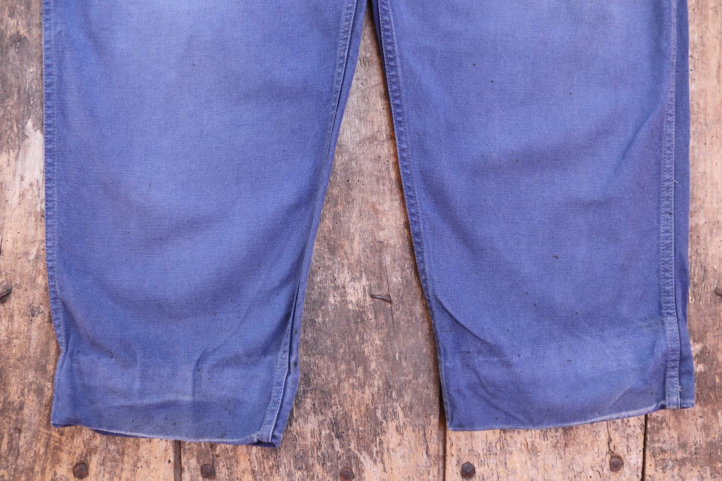 Vintage French blue workwear overalls dungarees 1950s sun faded cotton twill work chore 40” x 26” darned repaired