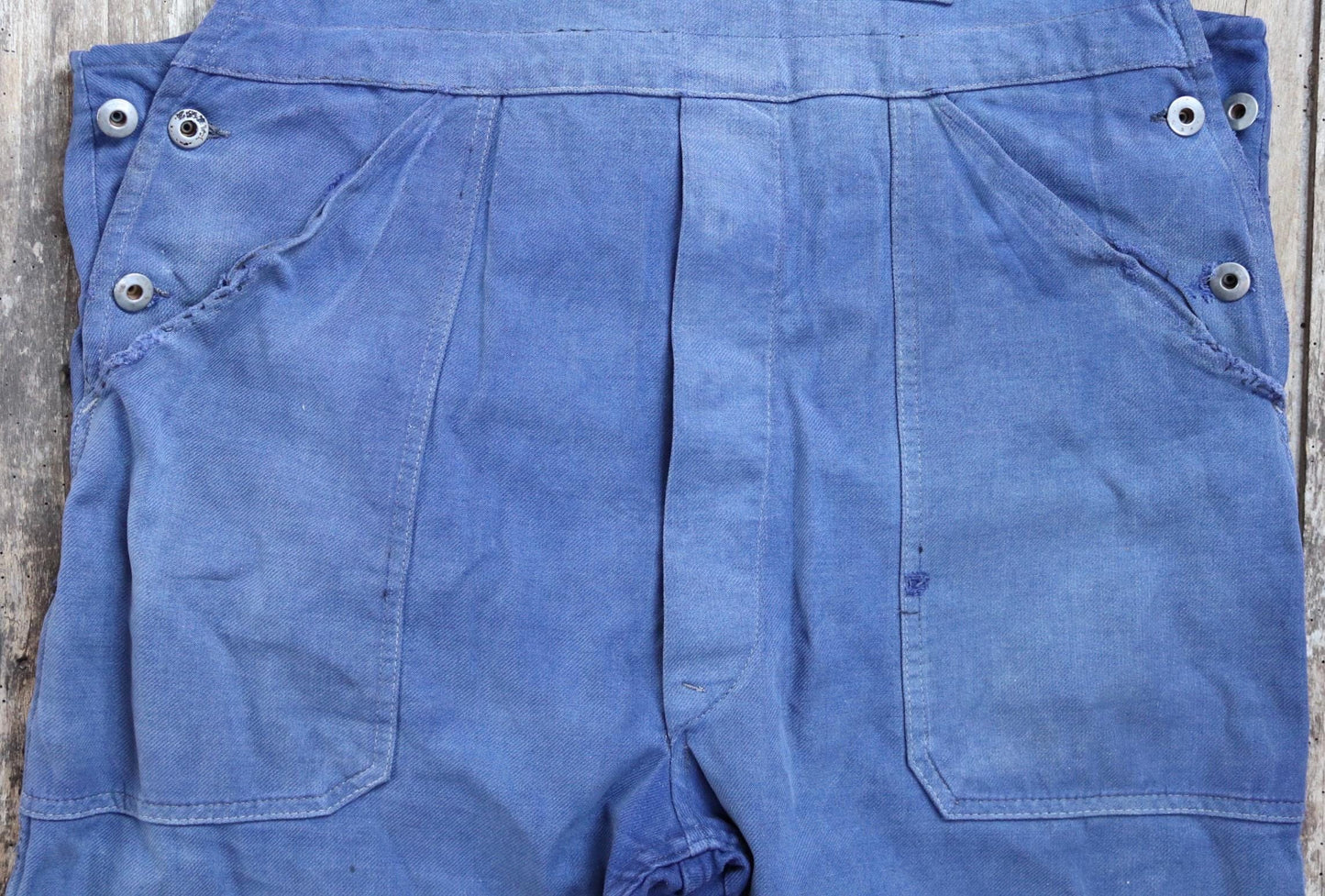 Vintage French workwear overalls dungarees Le Mont St Michel 1950s sun faded blue cotton twill work chore 41” x 26” darned repaired