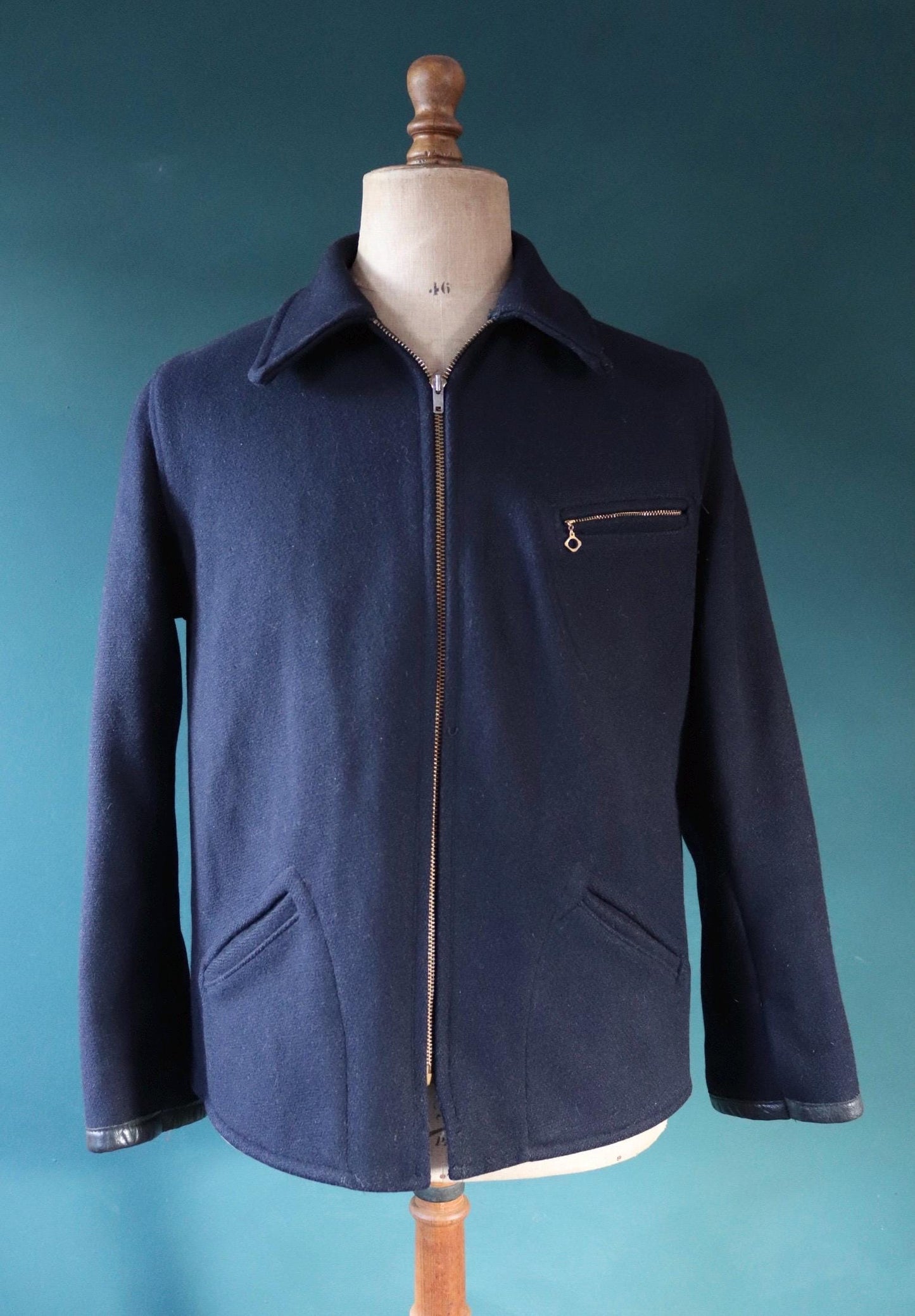 Vintage 1950s 50s Sears Hercules midnight navy blue wool half belt jacket Talon zipper 44” chest car coat