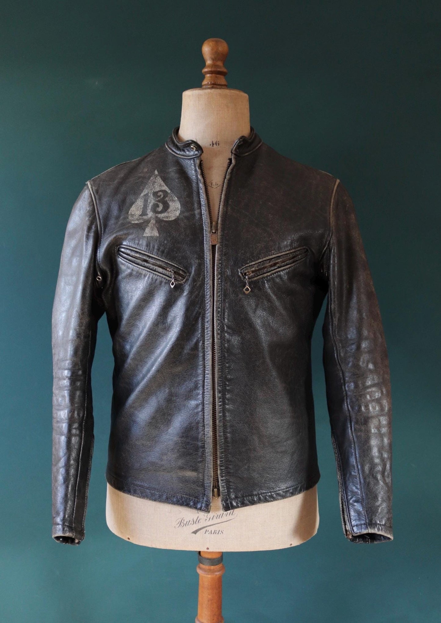 Vintage 1960s 60s leather jacket cafe racer Bates California black 40” chest motorcycle biker original hand painted lucky 13 ace Conmar