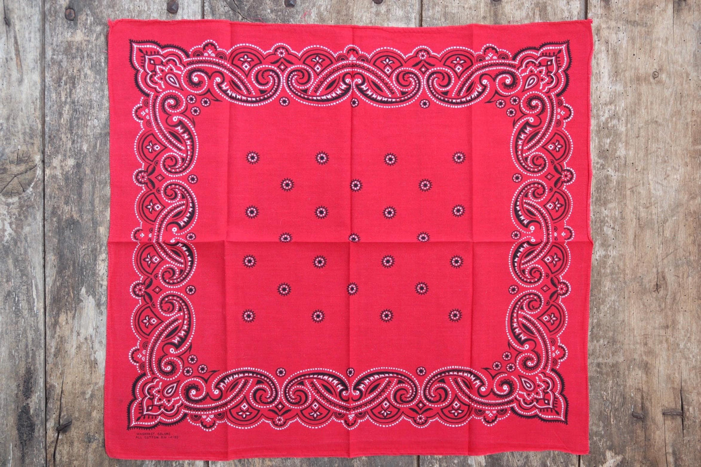 Vintage 1960s 60s turkey red printed bandana pocket square neckerchief cotton color colour fast workwear RN 14193