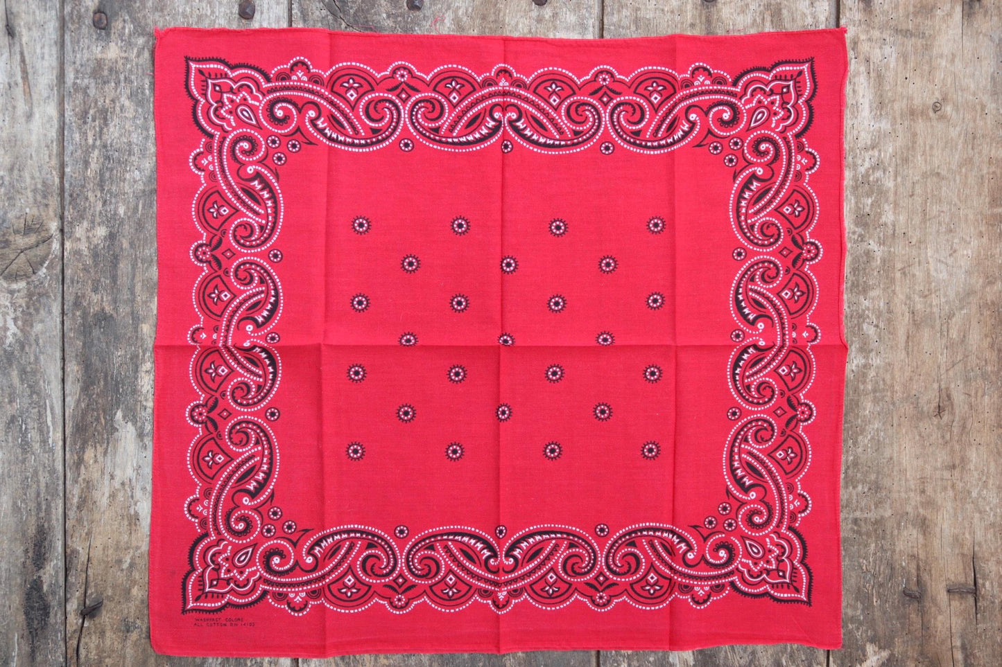 Vintage 1960s red cotton bandana - colorfast printed pocket square - workwear neckerchief - RN 14193