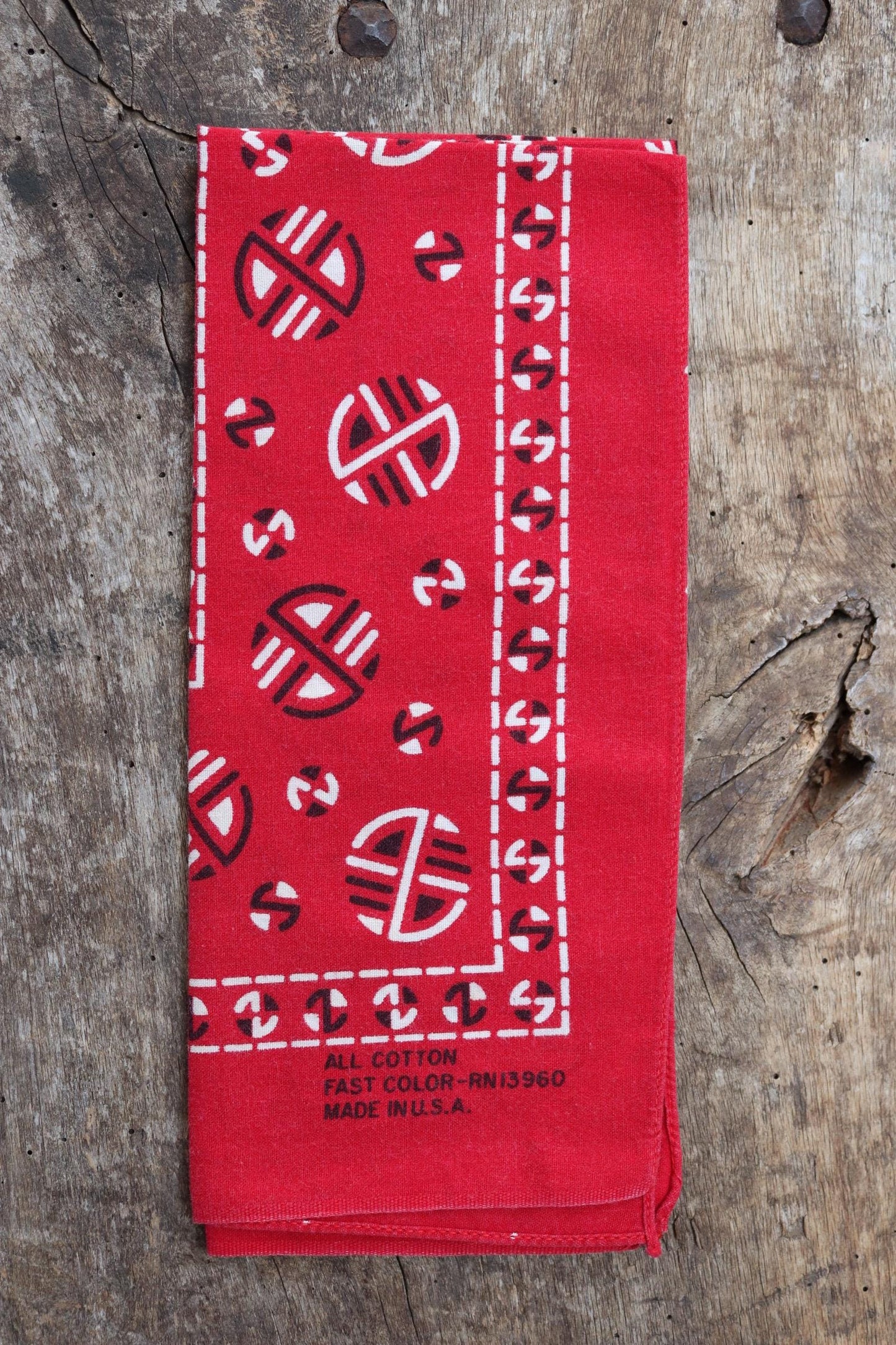 Vintage 1960s 60s turkey red printed bandana pocket square neckerchief cotton color colour fast workwear RN 13960