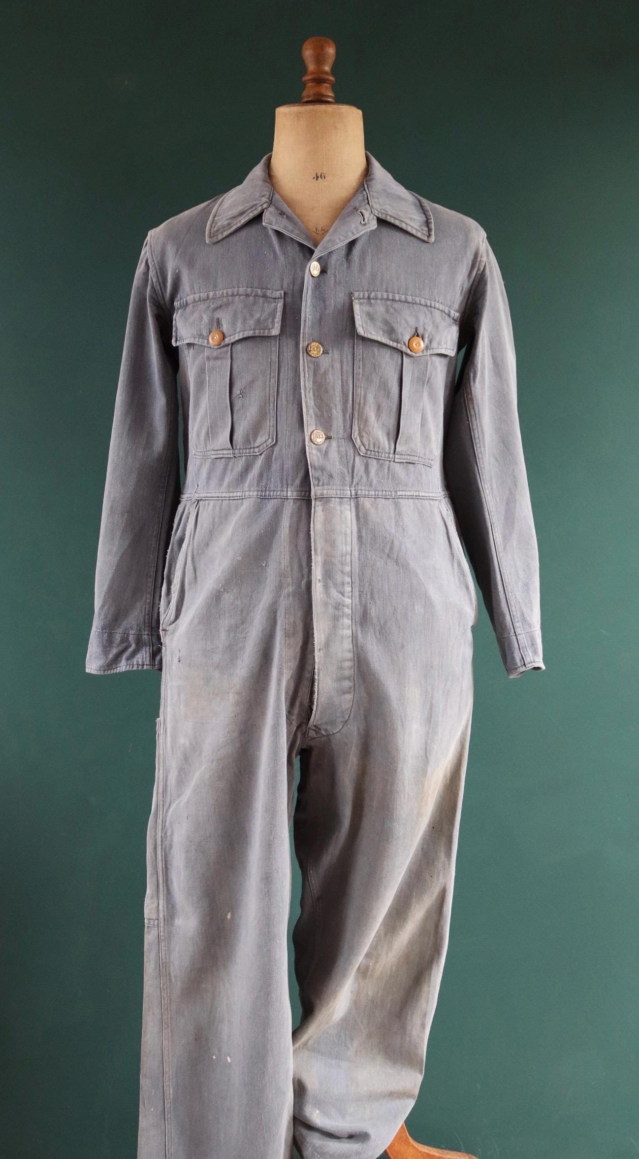 Vintage 1960s 60s Vole British blue cotton twill coveralls overalls work workwear chore boiler suit 41” 36” 27”