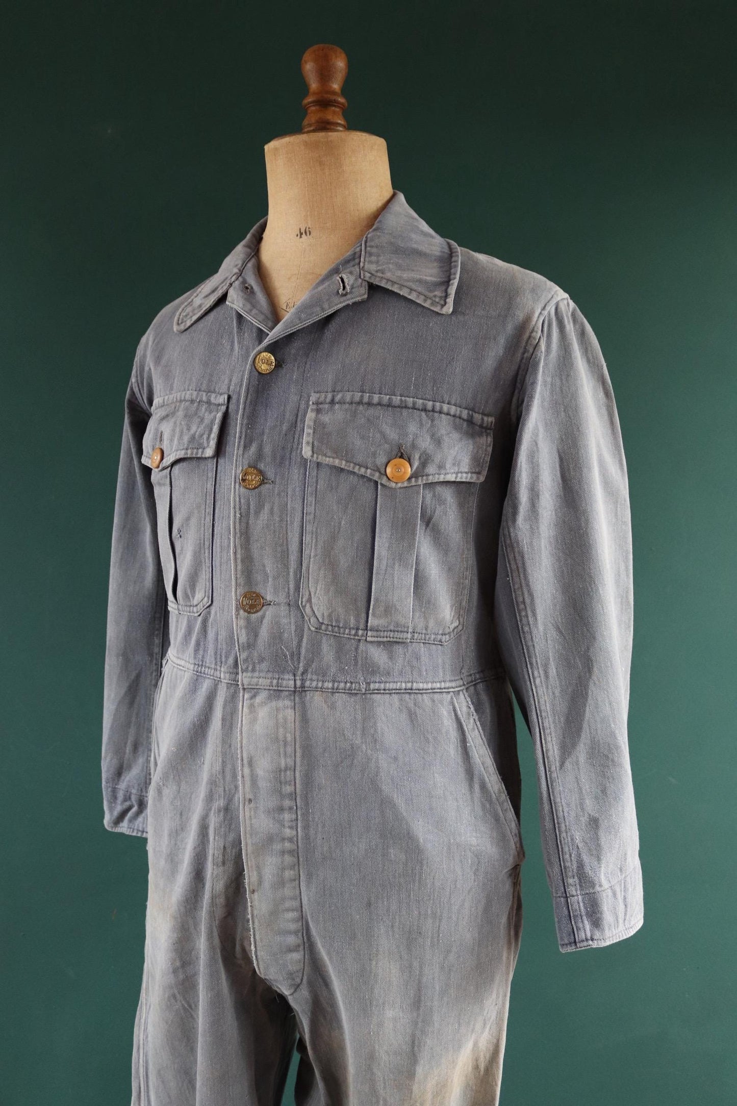 Vintage 1960s 60s Vole British blue cotton twill coveralls overalls work workwear chore boiler suit 41” 36” 27”
