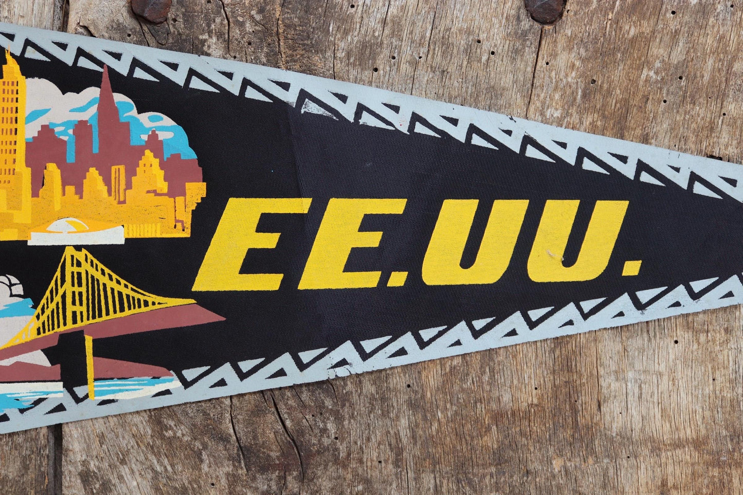 Vintage 1950s home decor Brazilian Santos satin mid century tourist souvenir pennant screen printed print