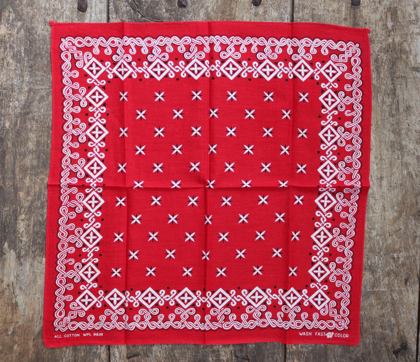 Vintage 1960s 60s tiger head turkey red bandana faded workwear work chore neckerchief scarf WPL 9939 Western cowboy American made in USA