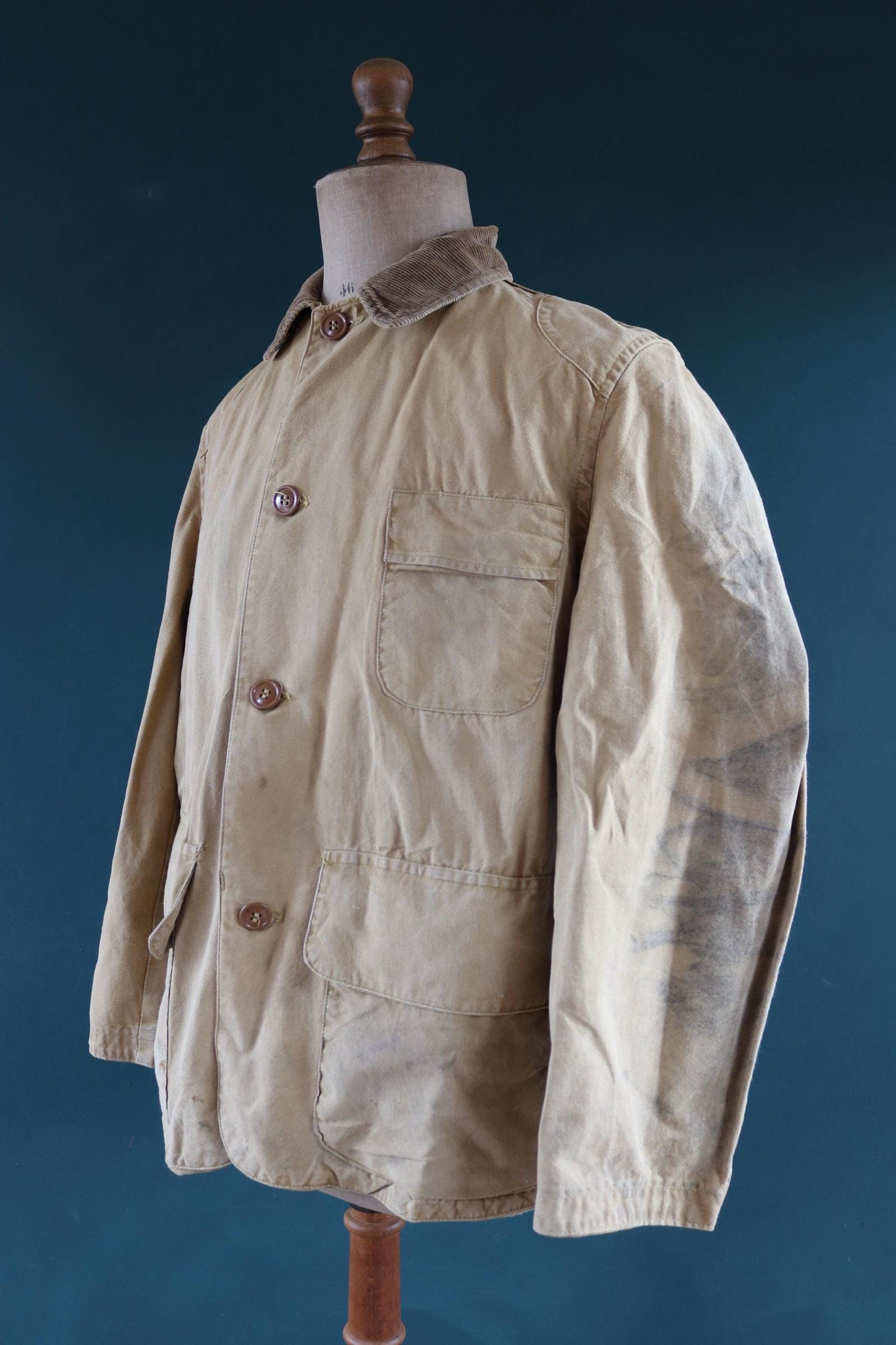 Vintage 1950s 1960s hunting jacket American Field Hettrick tan brown duck cotton canvas shooting American 49” chest workwear chore