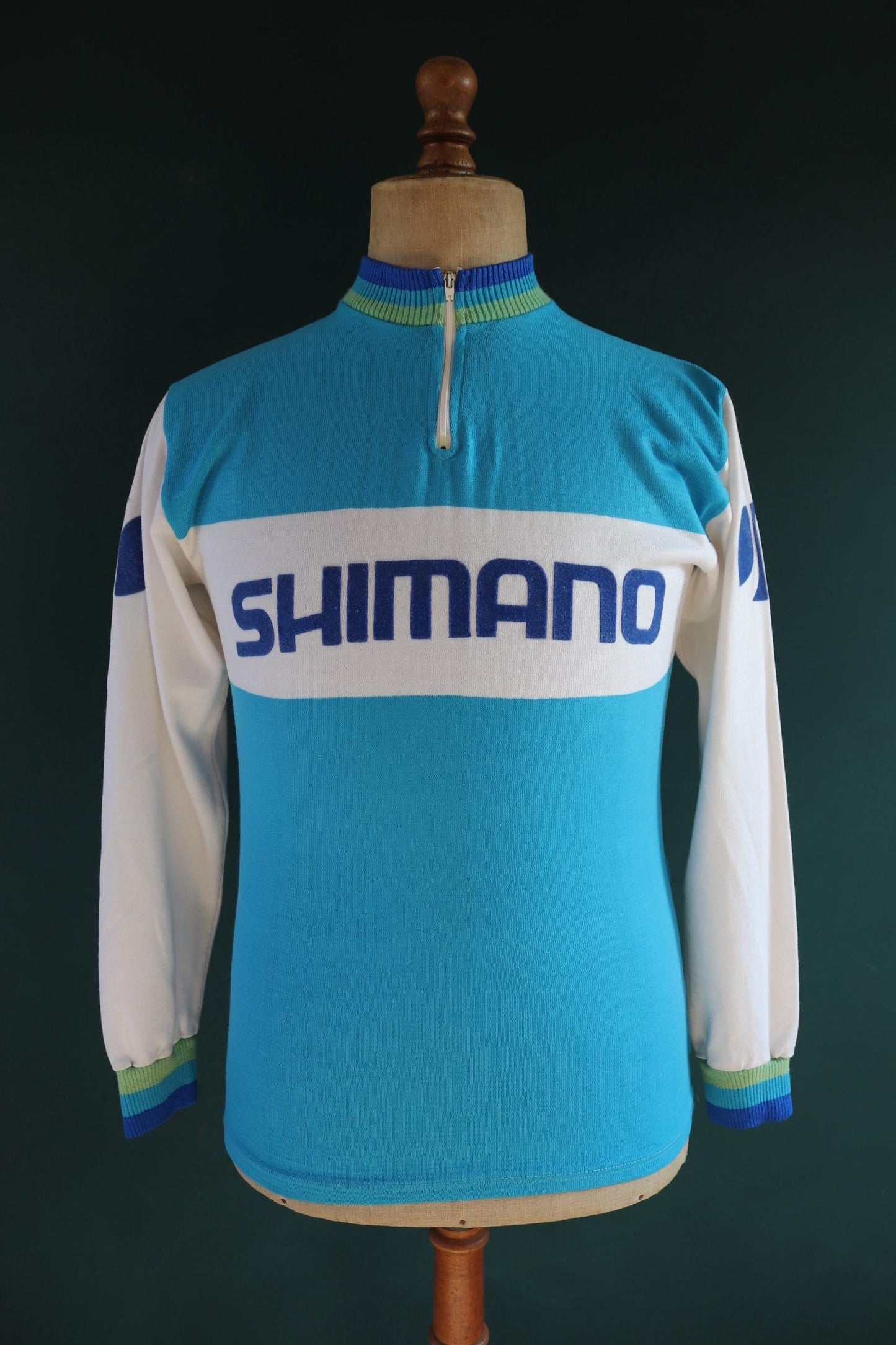 Vintage 1970s cycling jersey shirt top race Shimano blue 37" chest made in England quarter zip mod Tour de France
