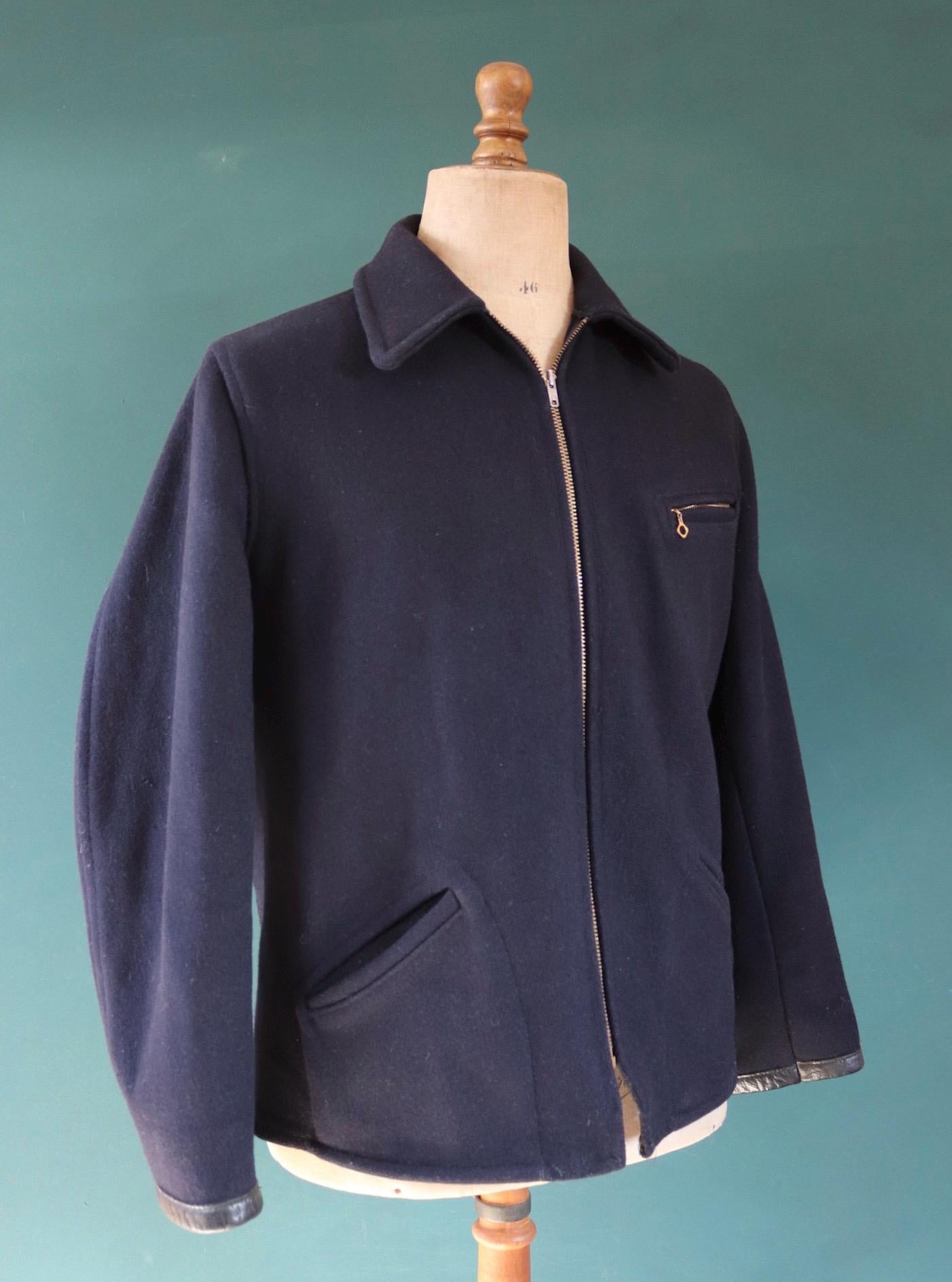 Vintage 1950s 50s Sears Hercules midnight navy blue wool half belt jacket Talon zipper 44” chest car coat