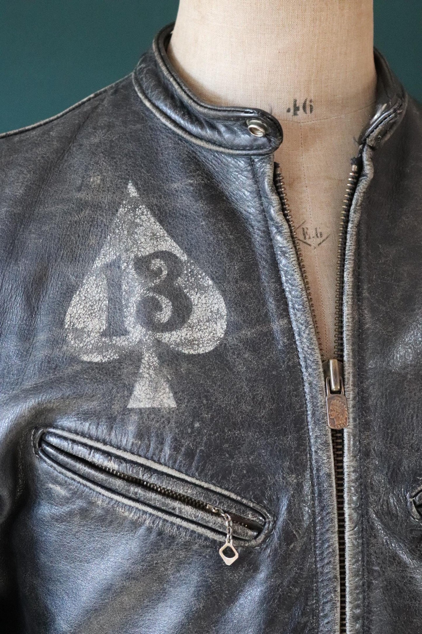 Vintage 1960s black leather biker jacket - cafe racer - Bates of California - 40” chest - motorcycle - original hand painted lucky 13 ace