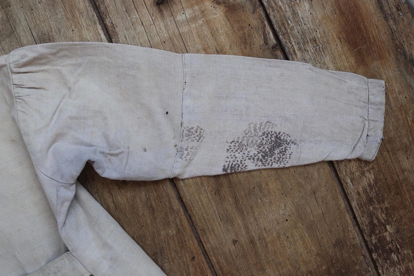 Vintage French workwear antique linen 1800s 1900s kids childrens faded indigo blue school dress smock 34” chest age 4 5 6