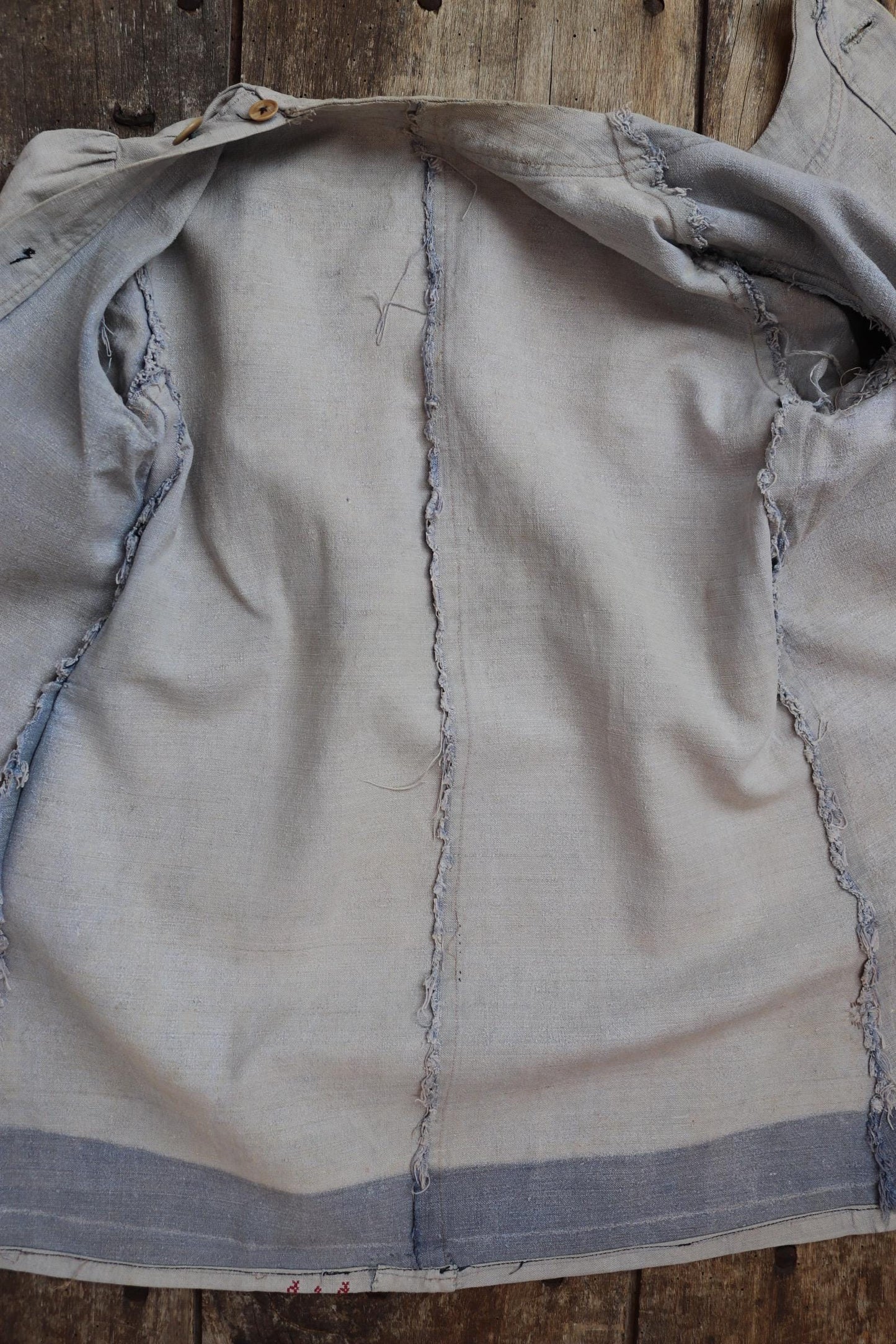 Vintage French workwear antique linen 1800s 1900s kids childrens faded indigo blue school dress smock 34” chest age 4 5 6