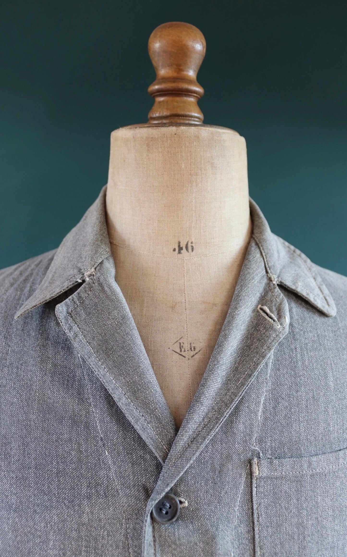 Vintage French chore jacket 1930s 1940s workwear salt pepper grey cotton work long coat overall factory machinist 39” chest repaired