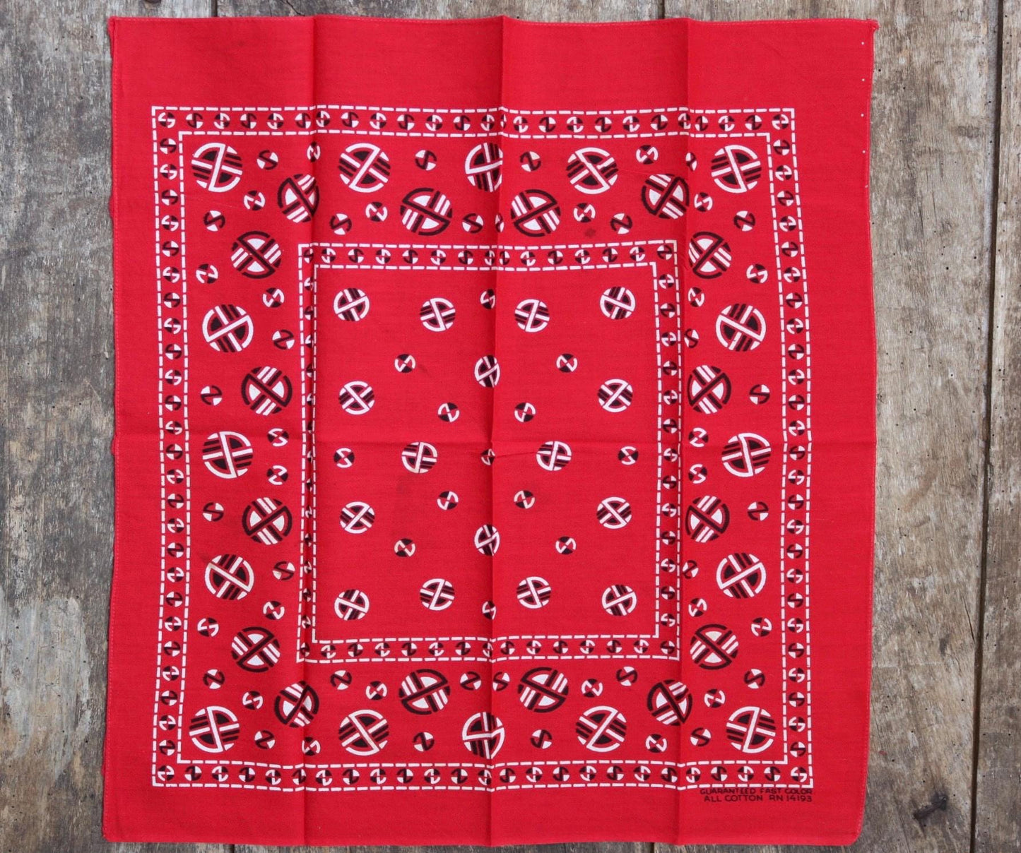 Vintage 1960s 60s turkey red printed bandana pocket square neckerchief cotton color colour fast workwear RN 14193
