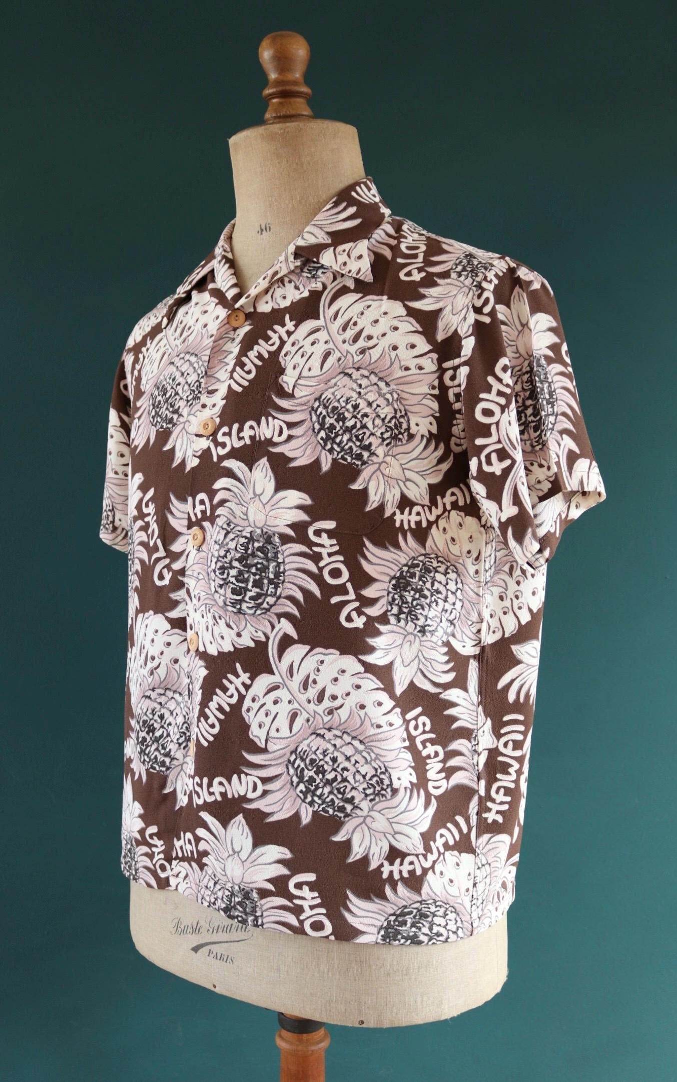 Vintage Edwin rayon Hawaiian shirt - reproduction - brown pink - pineapple print - tiki Aloha - 42” chest