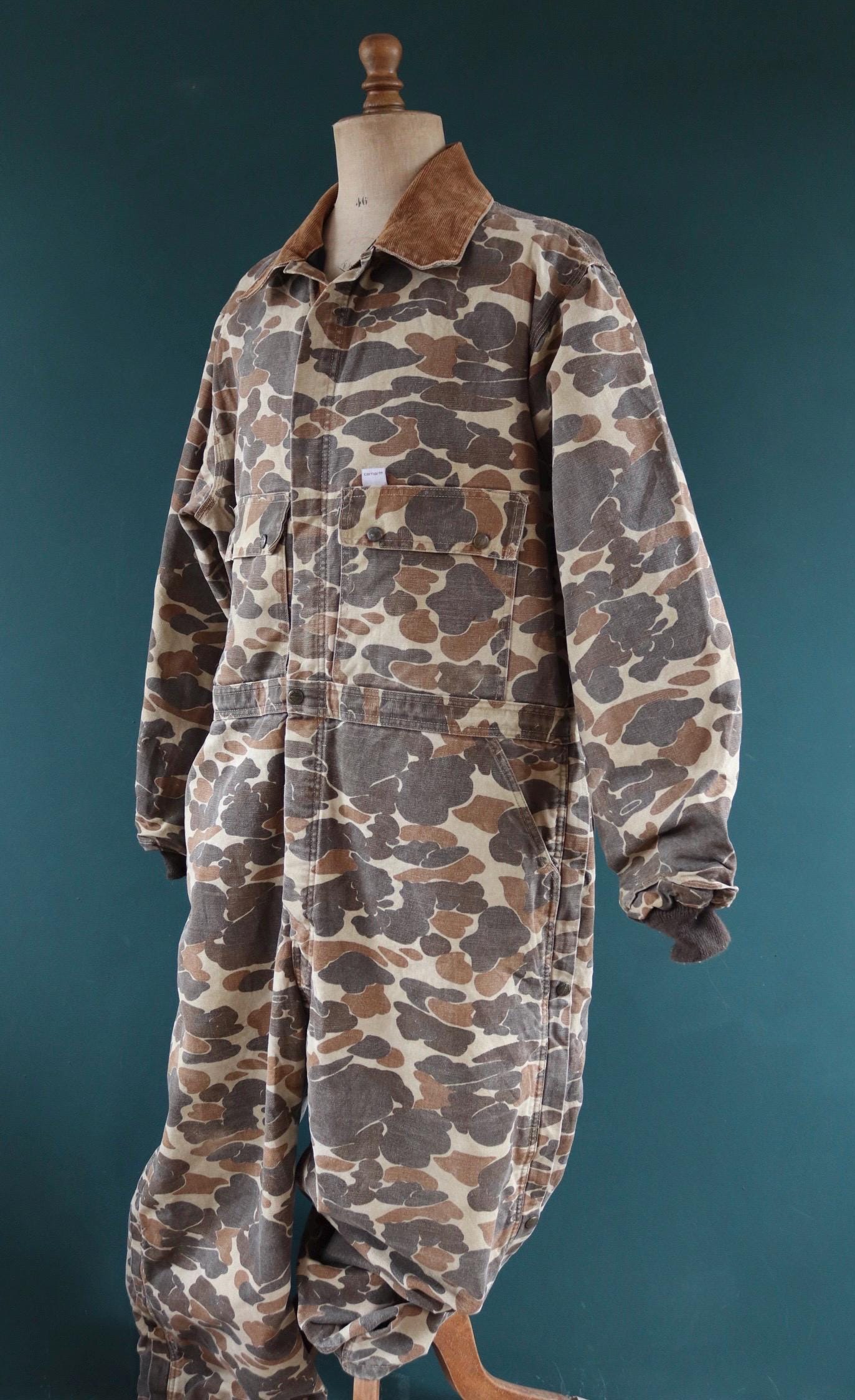 Vintage 1980s Carhartt coveralls - workwear overalls - woodland camo duck cotton - Union Made denim - 54" x 46" x 30