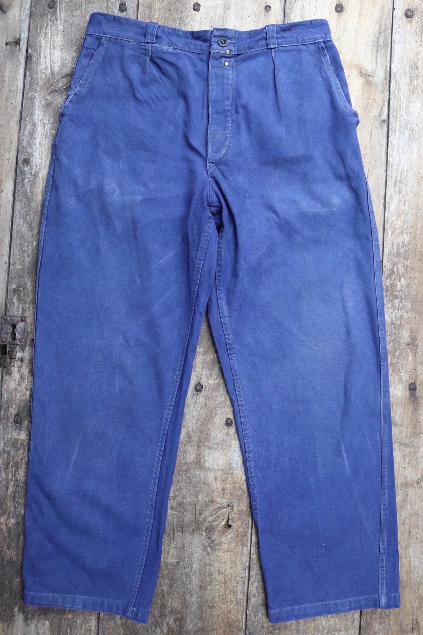 Vintage French workwear trousers pants indigo cotton twill 1940s 1950s work chore 32” x 27”