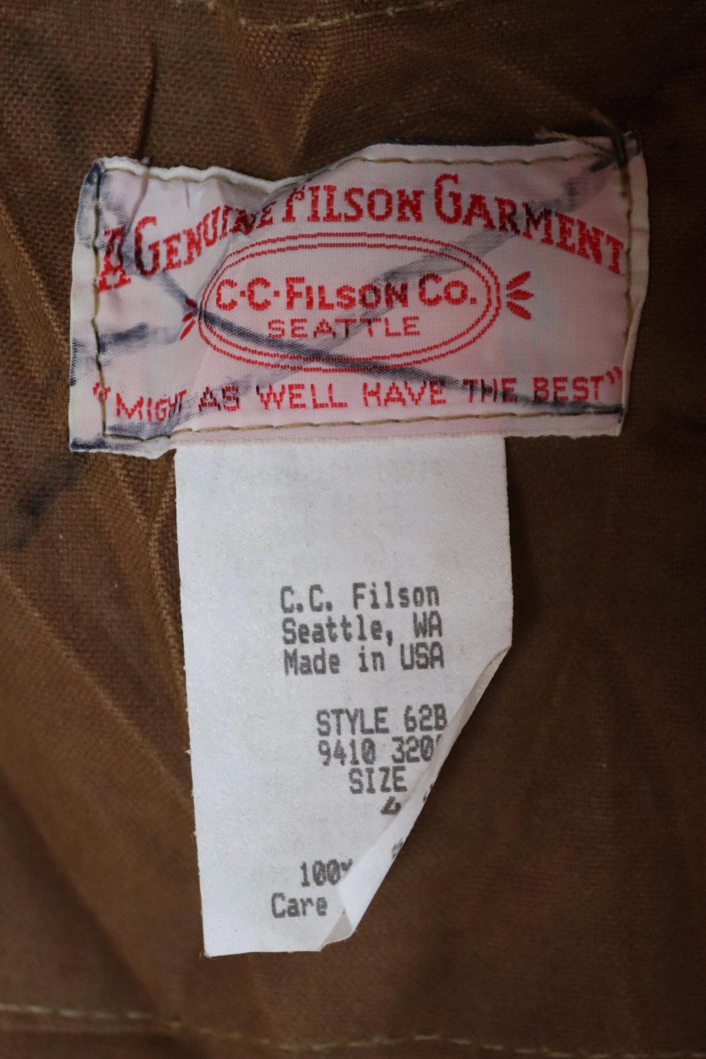 Vintage CC Filson tin cloth paraffin waxed cruiser jacket 53” chest workwear work chore waterproof hunting