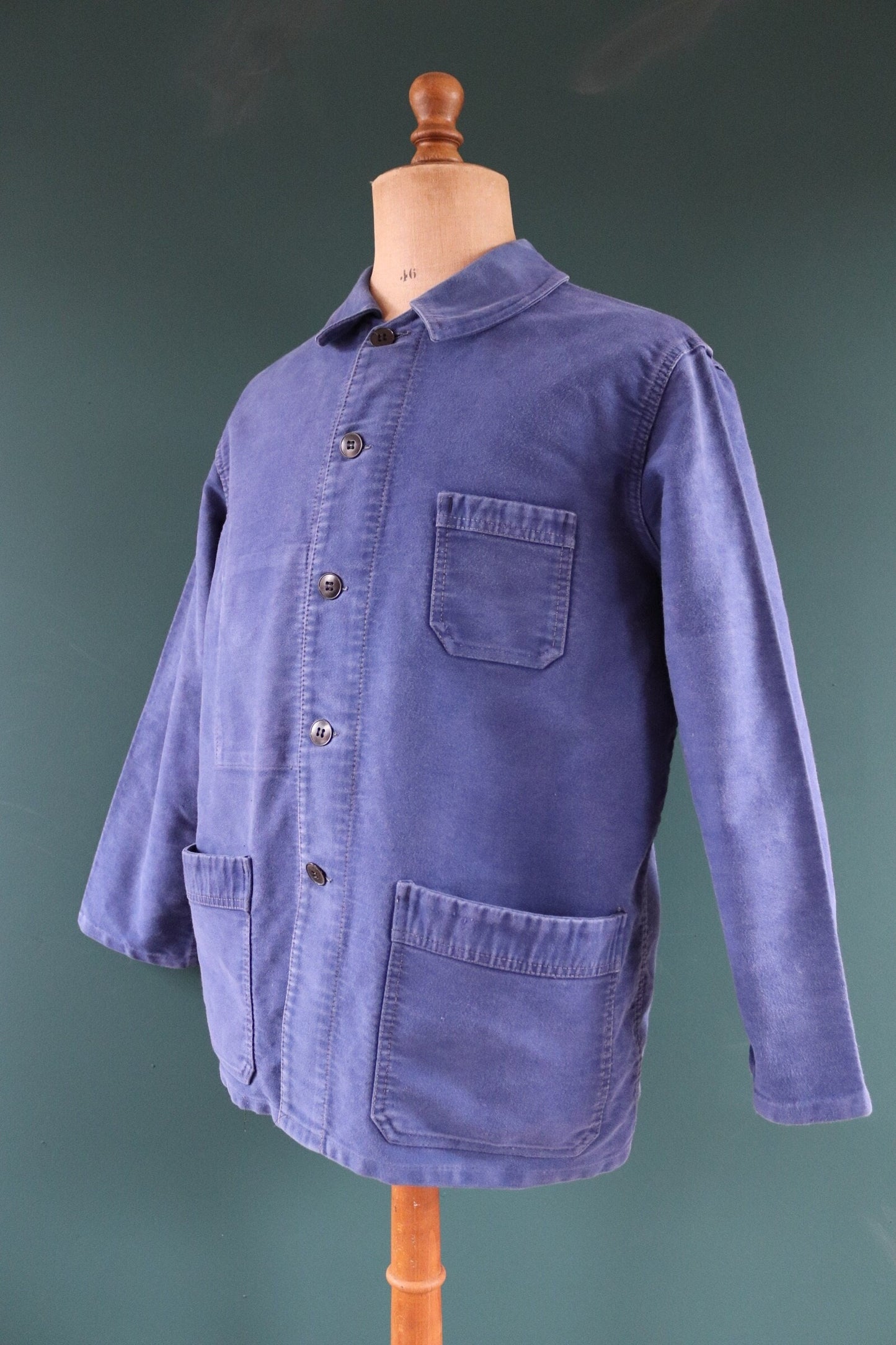 Vintage French blue jacket moleskin work workwear chore faded 47” chest bleu de travail Dumont D’Urville