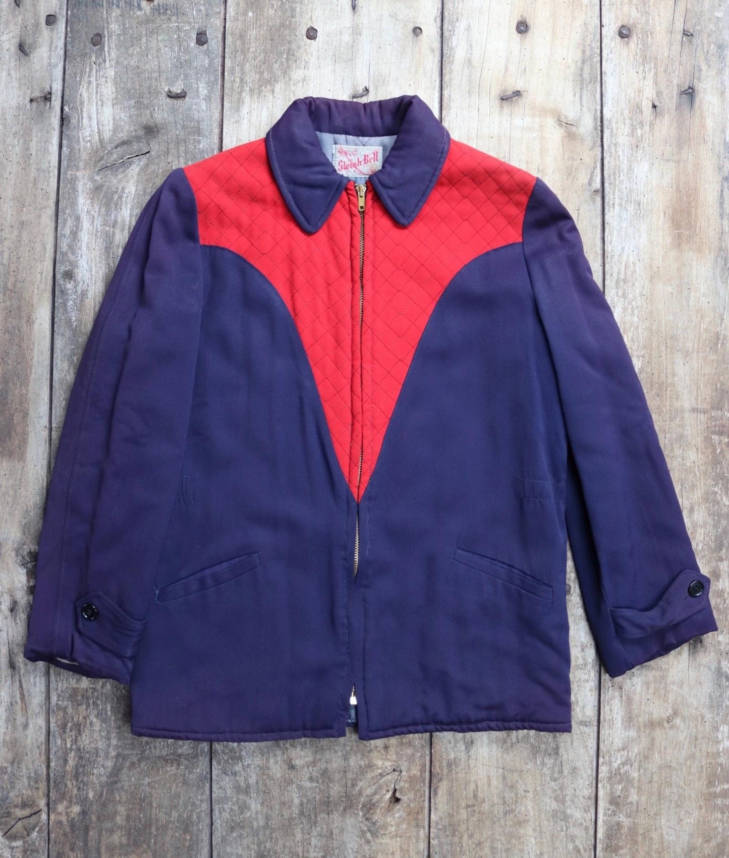 Vintage gabardine jacket 1950s Sleigh Bell red blue quilted rayon ricky ski Talon zip up 38" chest rockabilly mid century