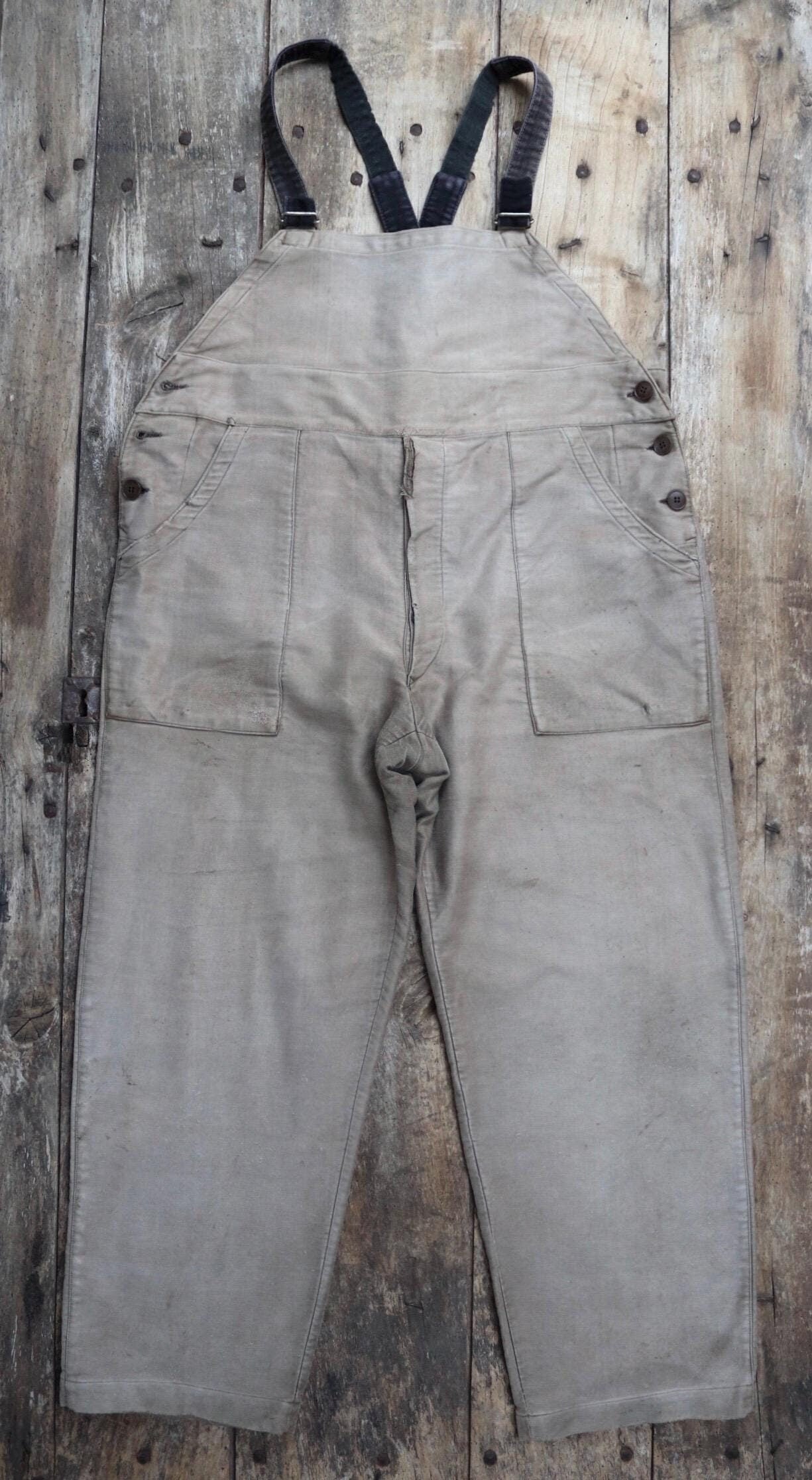 Vintage French workwear overalls dungarees 1950s moleskin brown work chore patched repaired darned 42” x 30”