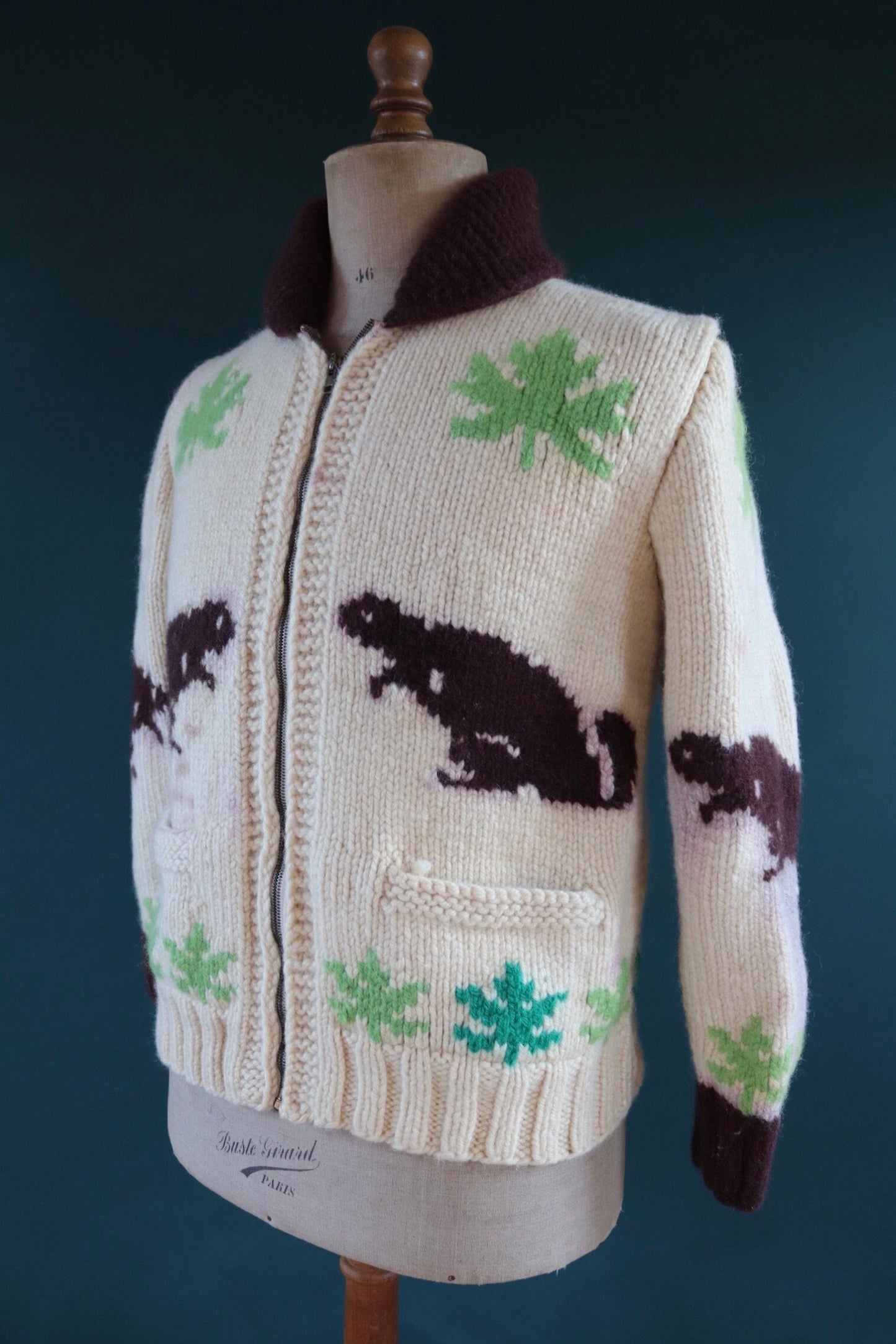 Vintage 1950 50s 1960s 60s knitted wool cowichan sweater cardigan jumper novelty hand made knit beaver shawl collar 42” chest