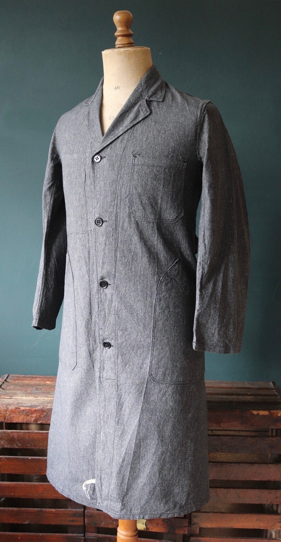 Vintage French workwear jacket salt pepper deadstock grey belted coat overall 1960s factory machinist shopkeeper 37” chest